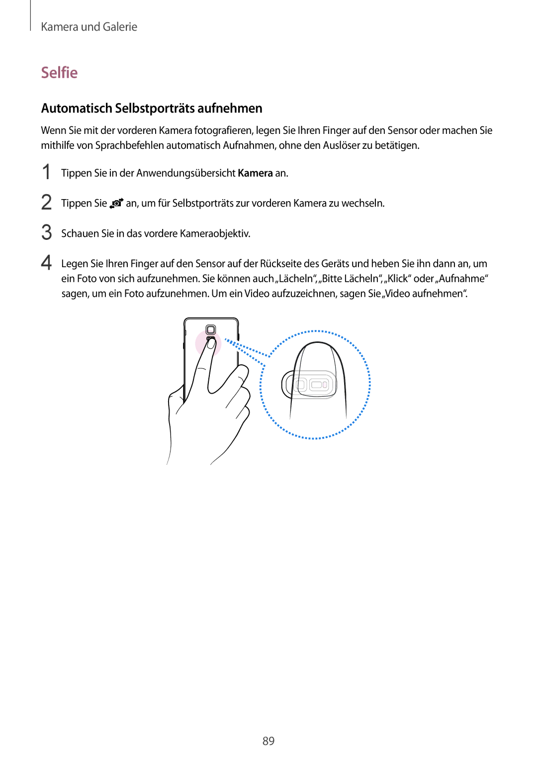 Samsung SM-N910FZKEIDE, SM-N910FZWEEUR, SM-N910FZWEDRE, SM-N910FZWECOS manual Selfie, Automatisch Selbstporträts aufnehmen 