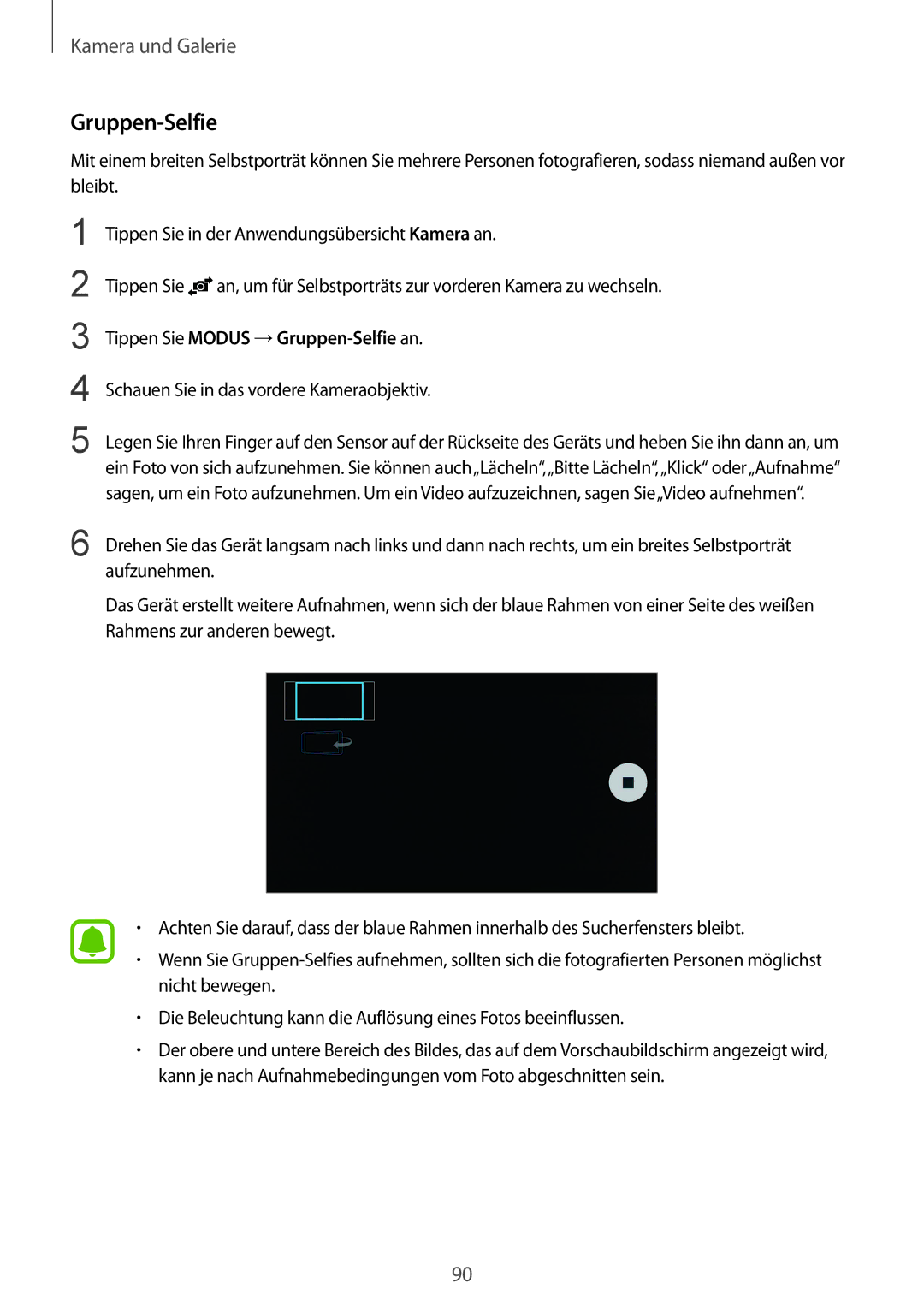 Samsung SM-N910FZKEXEF, SM-N910FZWEEUR, SM-N910FZWEDRE, SM-N910FZWECOS manual Tippen Sie Modus →Gruppen-Selfie an 