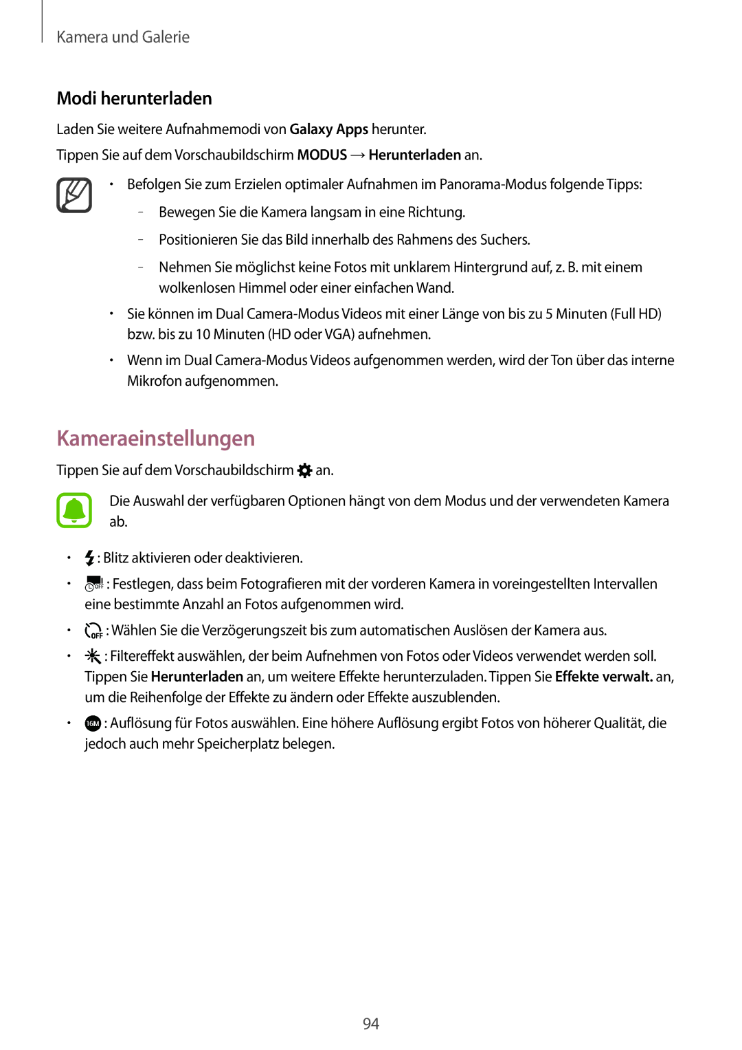 Samsung SM-N910FZWECOS, SM-N910FZWEEUR, SM-N910FZWEDRE, SM-N910FZKESFR manual Kameraeinstellungen, Modi herunterladen 