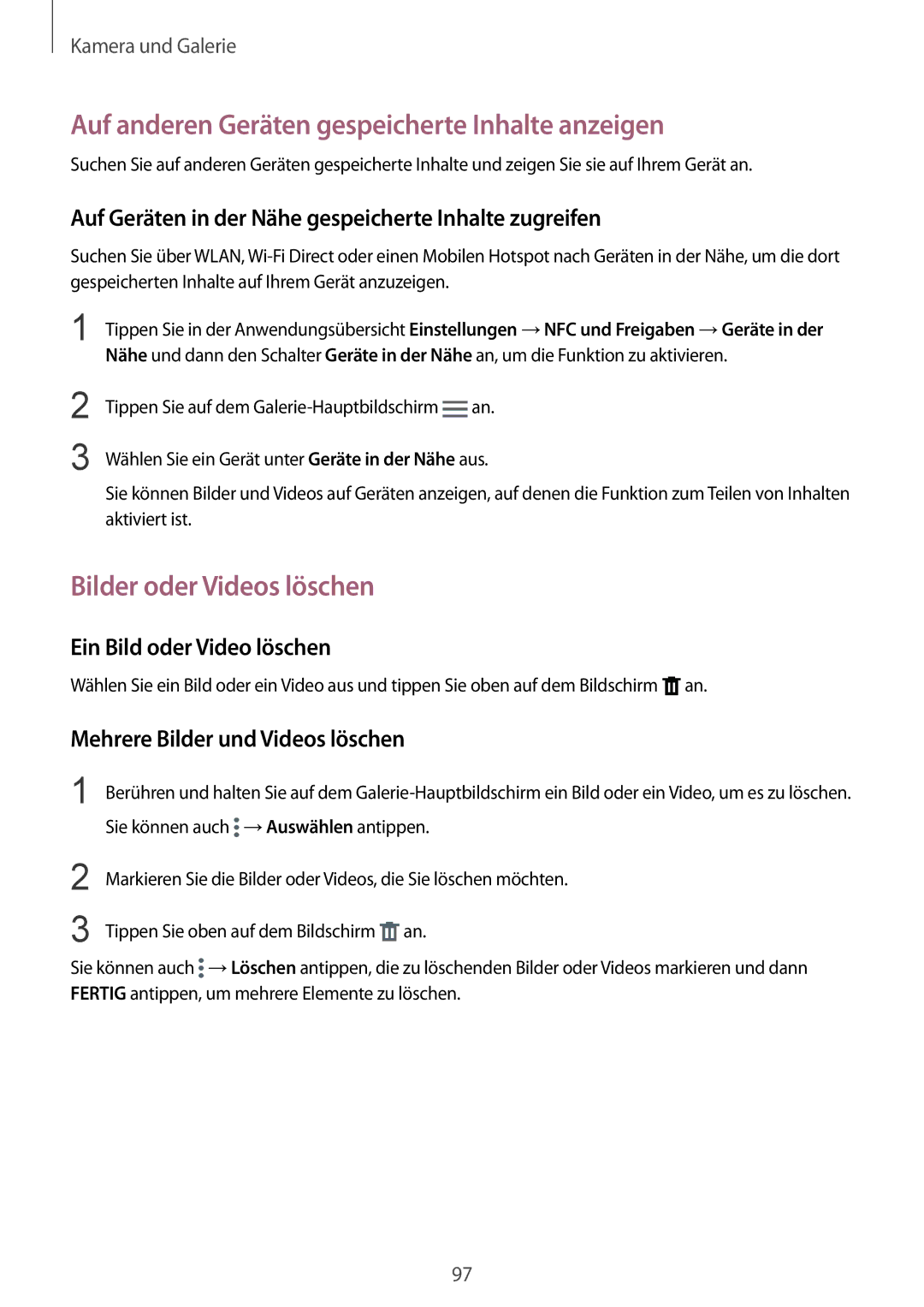 Samsung SM-N910FZKECOS, SM-N910FZWEEUR manual Auf anderen Geräten gespeicherte Inhalte anzeigen, Bilder oder Videos löschen 