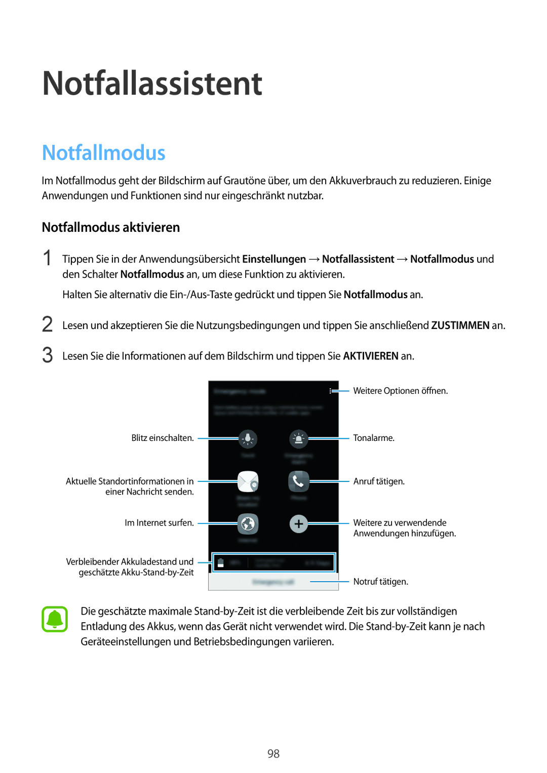 Samsung SM-N910FZKEATO, SM-N910FZWEEUR, SM-N910FZWEDRE, SM-N910FZWECOS manual Notfallassistent, Notfallmodus aktivieren 