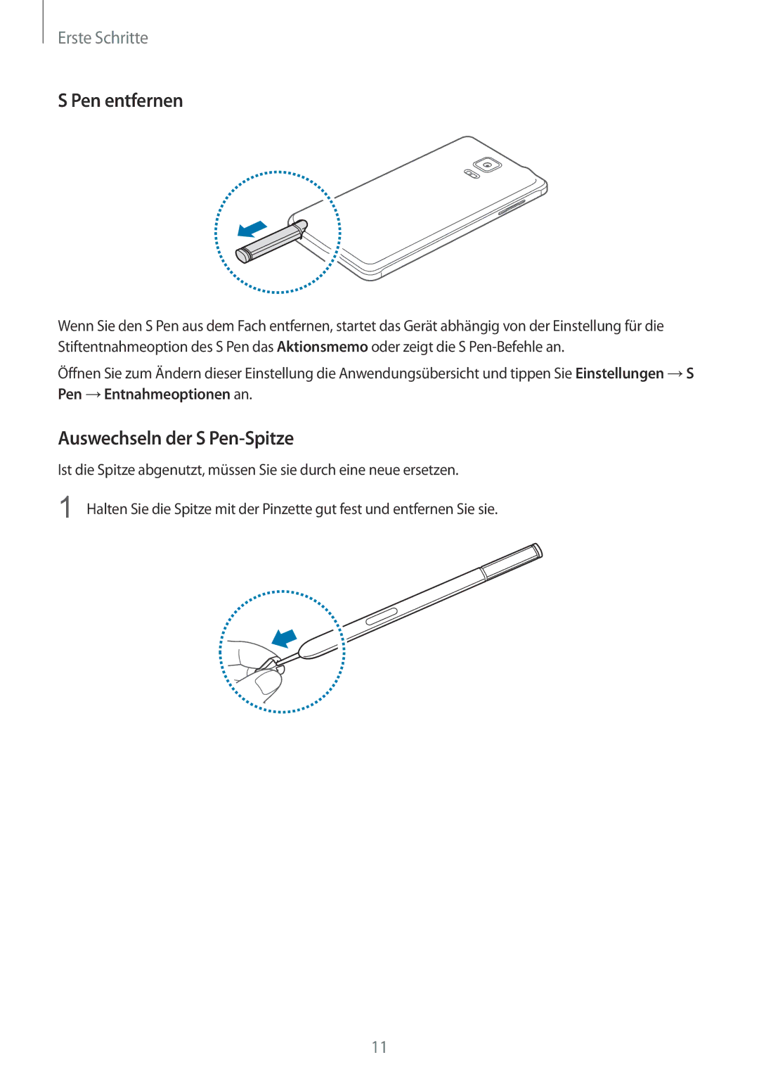 Samsung SM-N910FZIEATO, SM-N910FZWEEUR, SM-N910FZWEDRE, SM-N910FZWECOS manual Pen entfernen, Auswechseln der S Pen-Spitze 