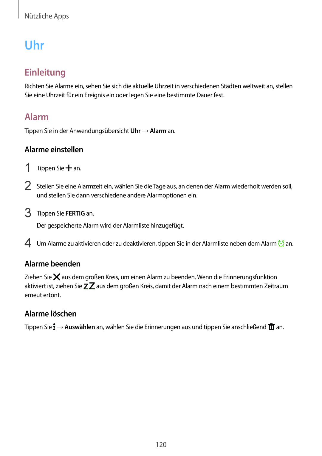 Samsung SM-N910FZWEVGR, SM-N910FZWEEUR, SM-N910FZWEDRE manual Uhr, Alarme einstellen, Alarme beenden, Alarme löschen 