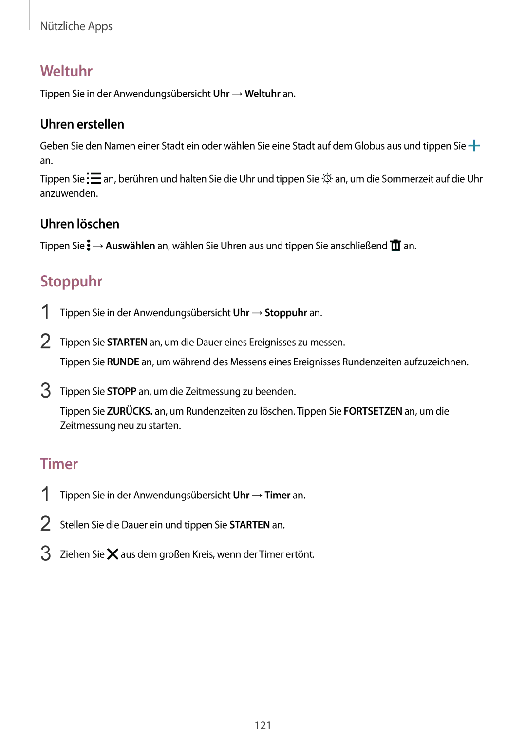 Samsung SM-N910FZWEVD2, SM-N910FZWEEUR, SM-N910FZWEDRE manual Weltuhr, Stoppuhr, Timer, Uhren erstellen, Uhren löschen 