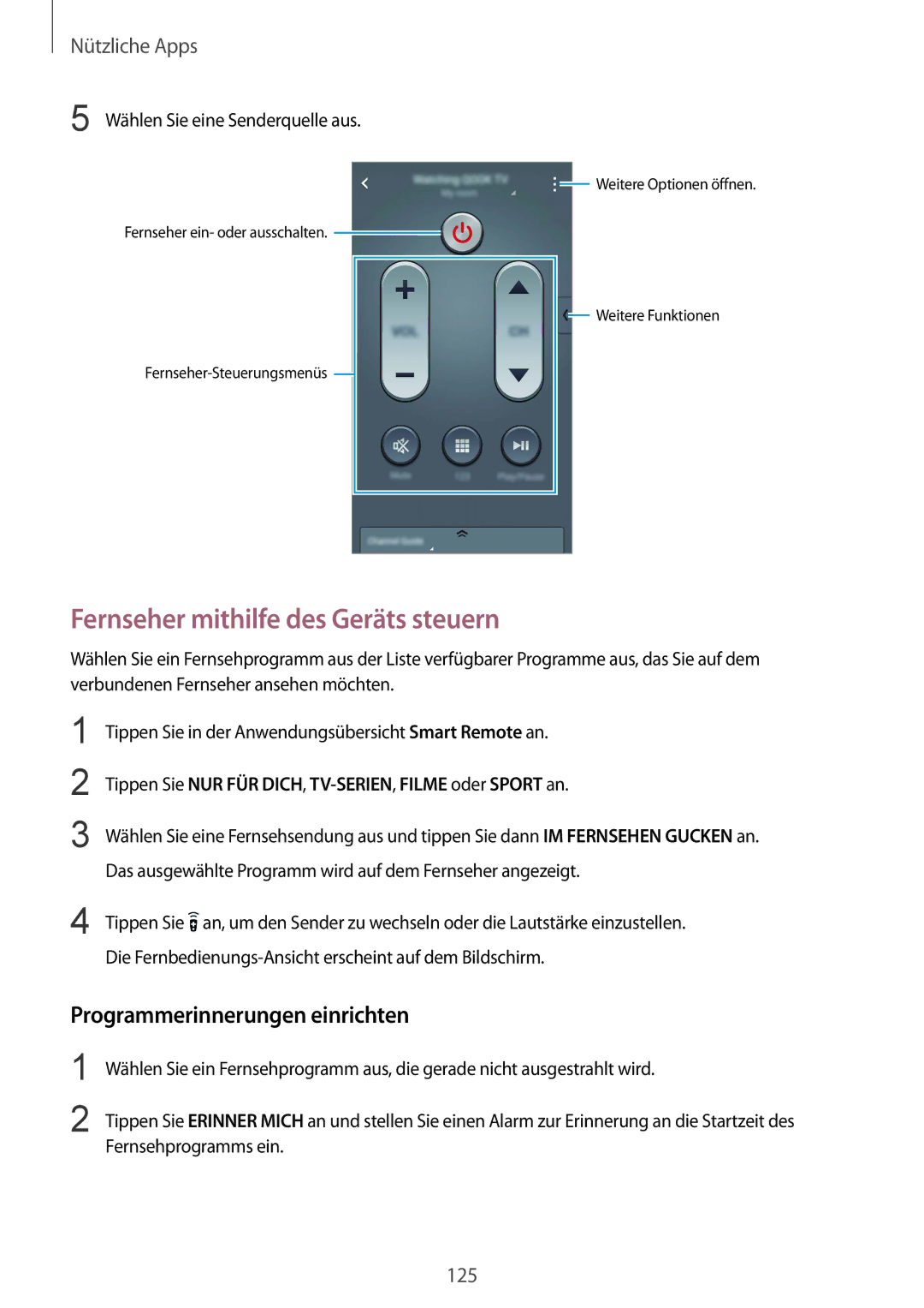 Samsung SM-N910FZDEBAL, SM-N910FZWEEUR manual Fernseher mithilfe des Geräts steuern, Programmerinnerungen einrichten 