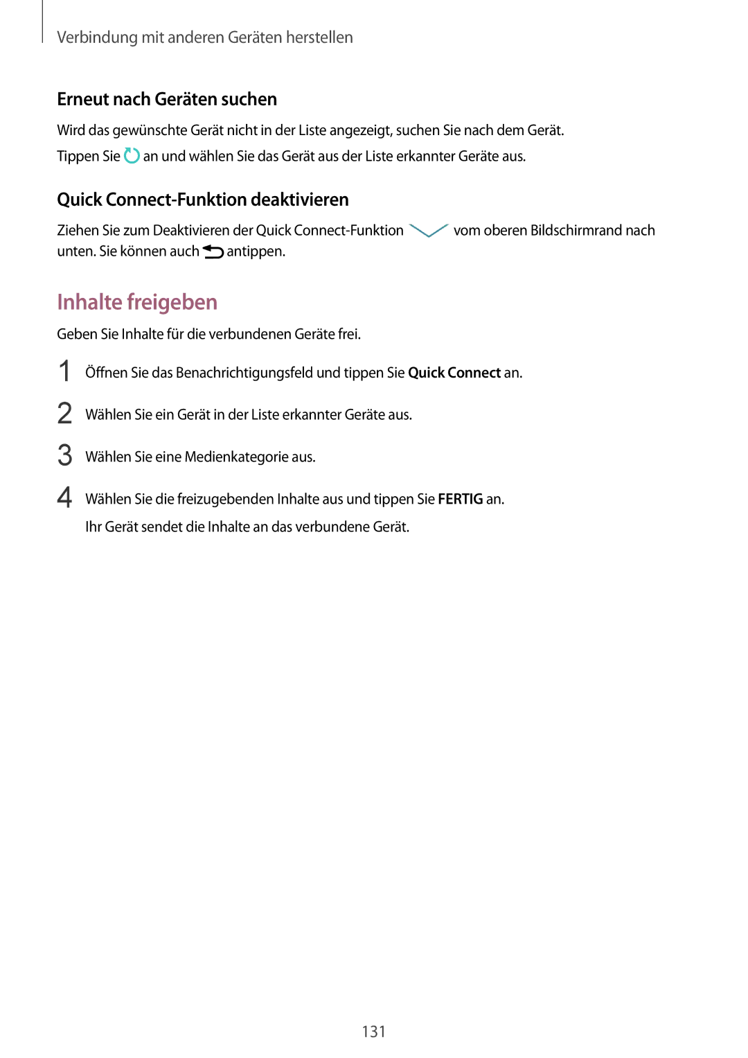 Samsung SM-N910FZKEEUR, SM-N910FZWEEUR Inhalte freigeben, Erneut nach Geräten suchen, Quick Connect-Funktion deaktivieren 