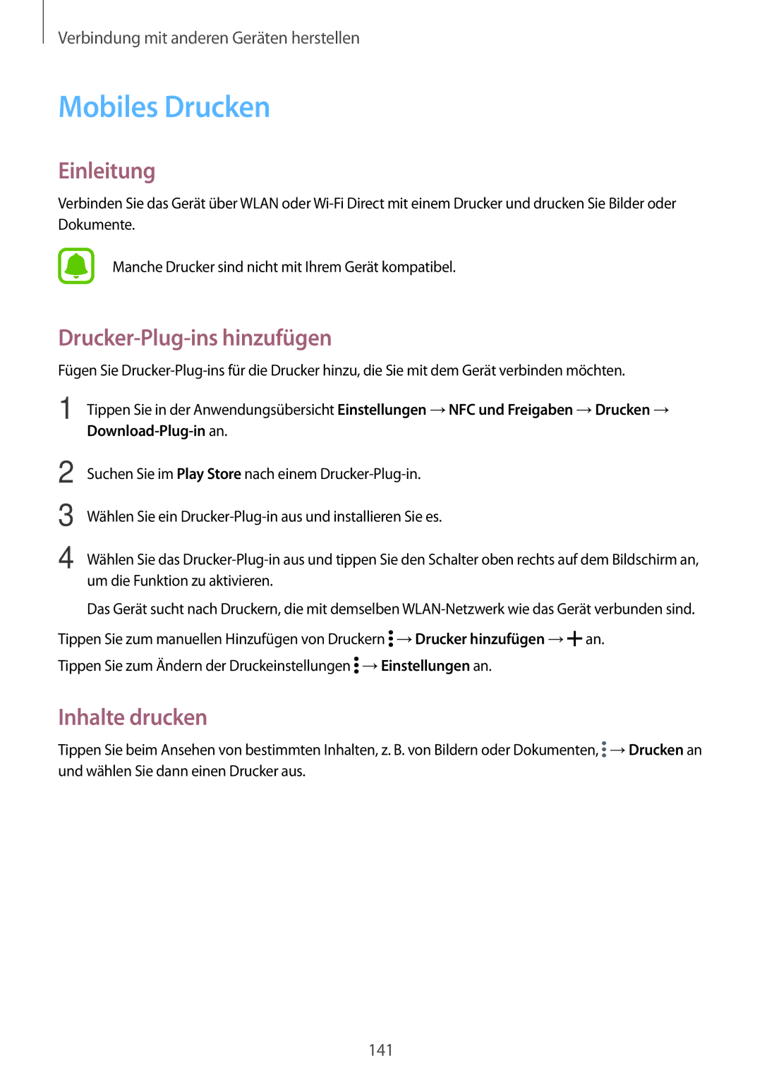 Samsung SM-N910FZKESFR, SM-N910FZWEEUR, SM-N910FZWEDRE manual Mobiles Drucken, Drucker-Plug-ins hinzufügen, Inhalte drucken 