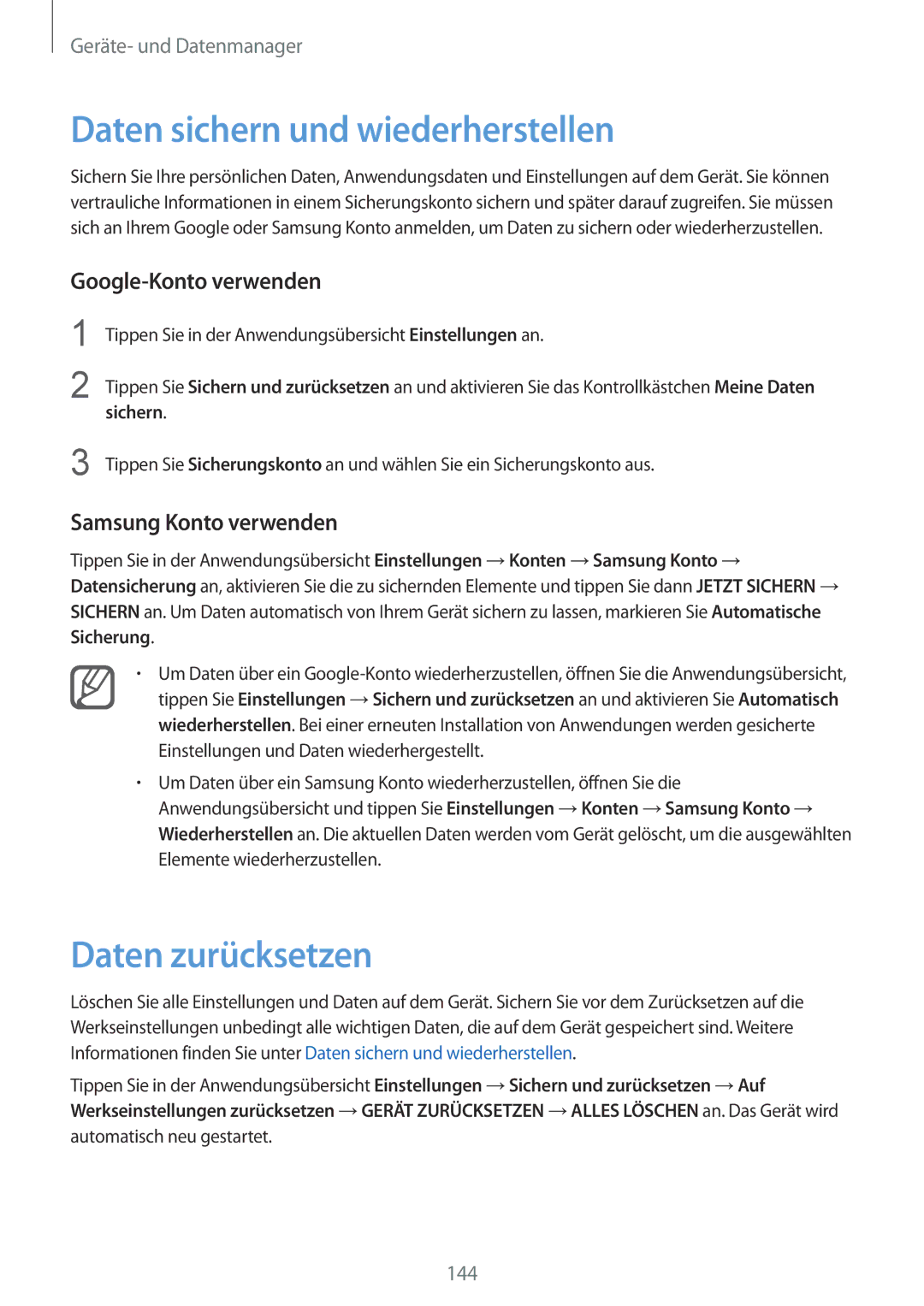 Samsung SM-N910FZKEATO manual Daten sichern und wiederherstellen, Daten zurücksetzen, Google-Konto verwenden, Sichern 