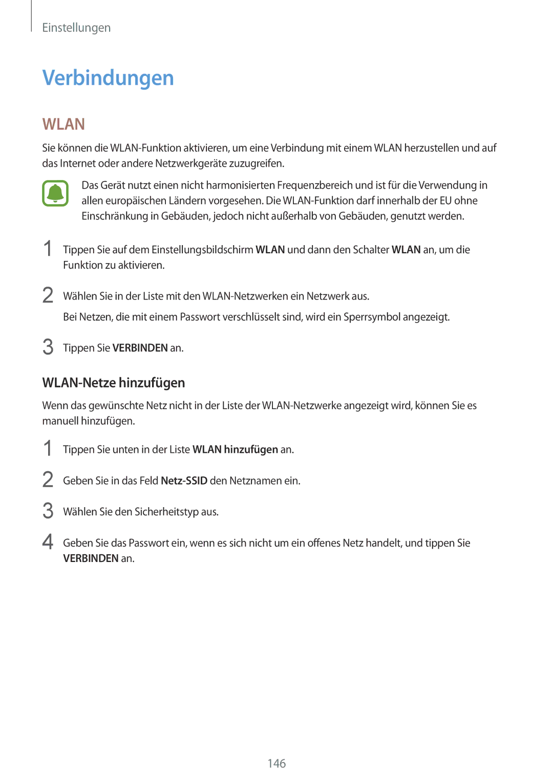 Samsung SM-N910FZWEBAL manual Verbindungen, WLAN-Netze hinzufügen, Funktion zu aktivieren, Tippen Sie Verbinden an 