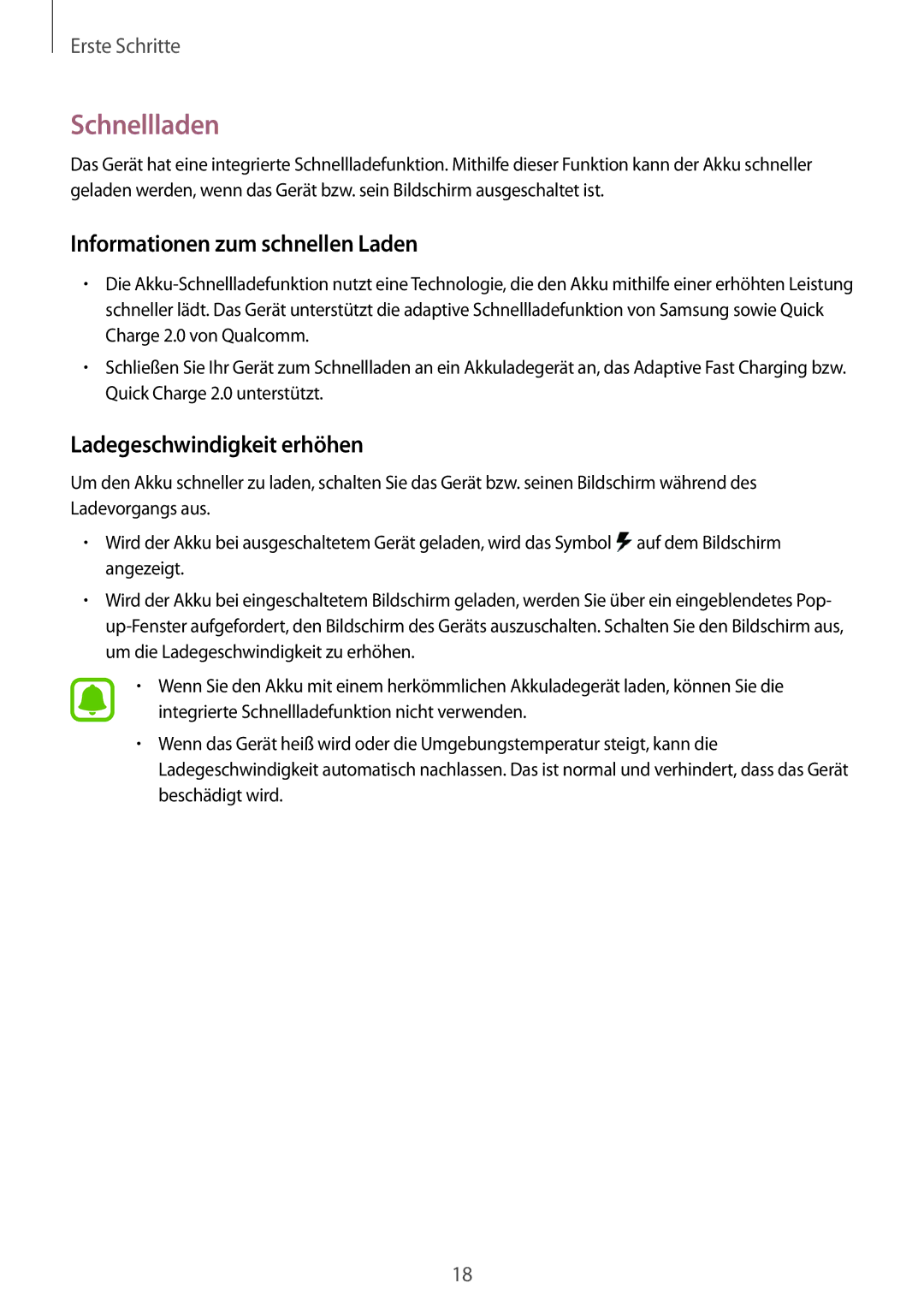 Samsung SM-N910FZKEVD2, SM-N910FZWEEUR manual Schnellladen, Informationen zum schnellen Laden, Ladegeschwindigkeit erhöhen 