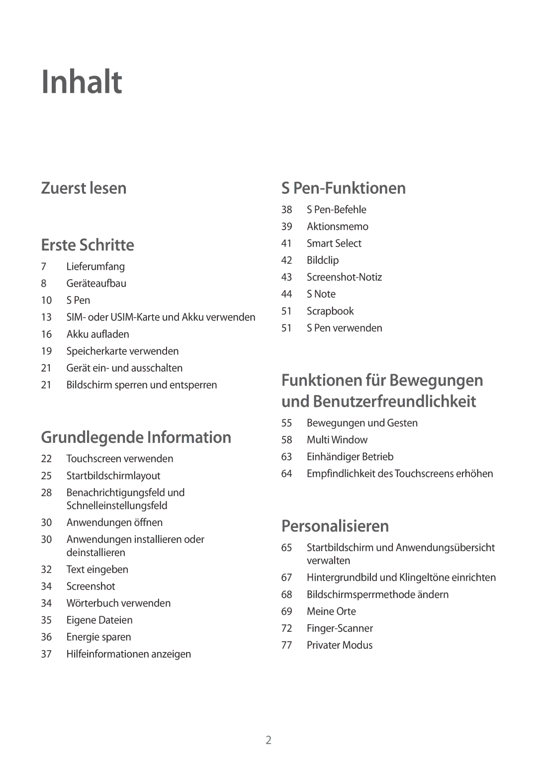 Samsung SM-N910FZWECOS, SM-N910FZWEEUR Inhalt, Lieferumfang Geräteaufbau Pen, Touchscreen verwenden Startbildschirmlayout 