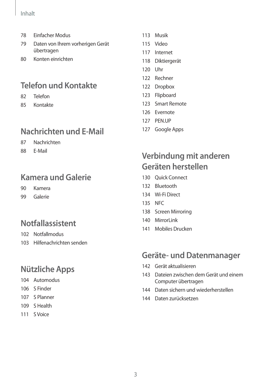 Samsung SM-N910FZKESFR manual Telefon Kontakte, Nachrichten Mail, Kamera Galerie, Notfallmodus Hilfenachrichten senden 