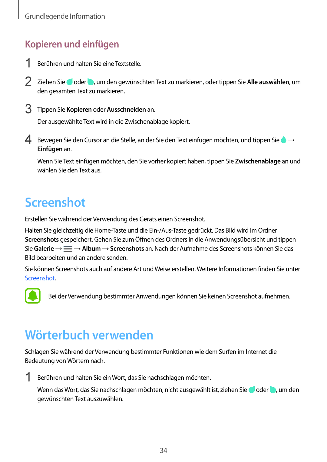 Samsung SM-N910FZWEATO Screenshot, Wörterbuch verwenden, Kopieren und einfügen, Tippen Sie Kopieren oder Ausschneiden an 