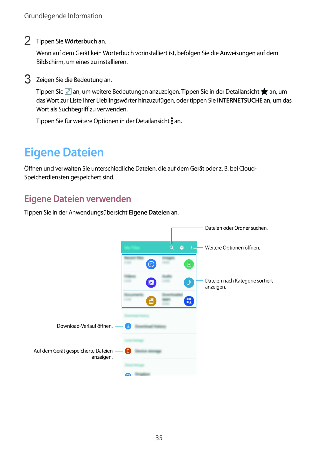 Samsung SM-N910FZKEVGR manual Eigene Dateien verwenden, Tippen Sie in der Anwendungsübersicht Eigene Dateien an 