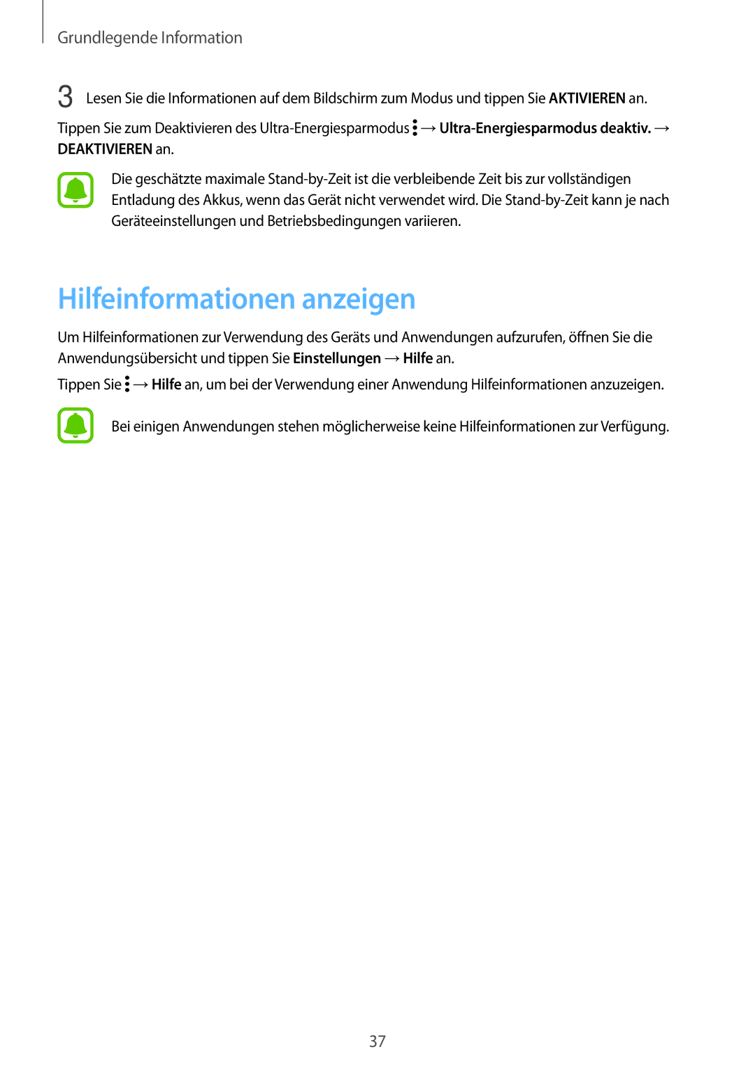 Samsung SM-N910FZWESFR, SM-N910FZWEEUR, SM-N910FZWEDRE manual Hilfeinformationen anzeigen, →Ultra-Energiesparmodus deaktiv. → 