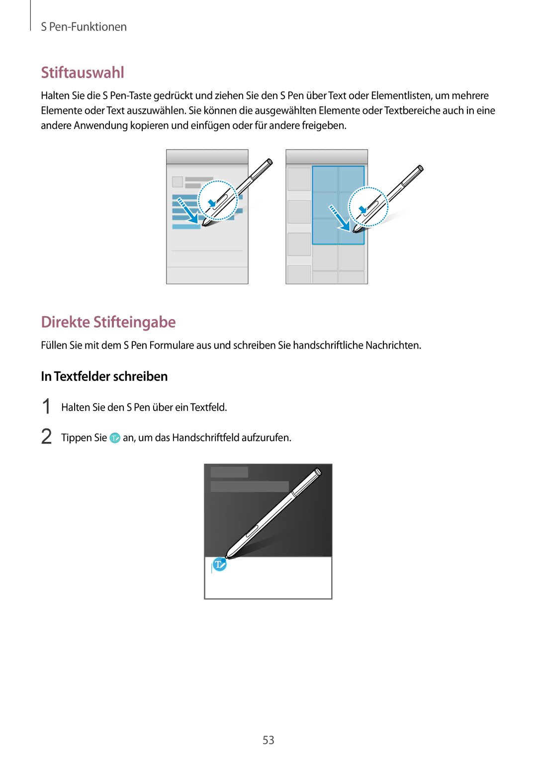 Samsung SM-N910FZKETPH, SM-N910FZWEEUR, SM-N910FZWEDRE manual Stiftauswahl, Direkte Stifteingabe, Textfelder schreiben 