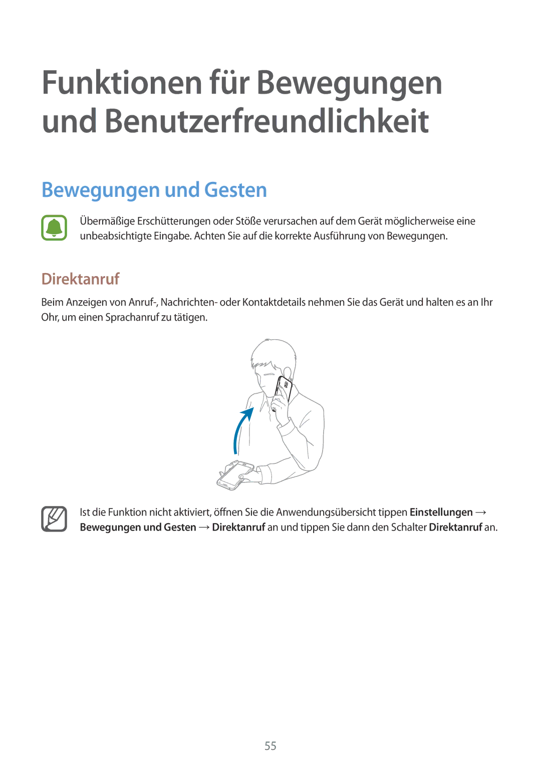 Samsung SM-N910FZKETCL, SM-N910FZWEEUR, SM-N910FZWEDRE, SM-N910FZWECOS, SM-N910FZKESFR Bewegungen und Gesten, Direktanruf 