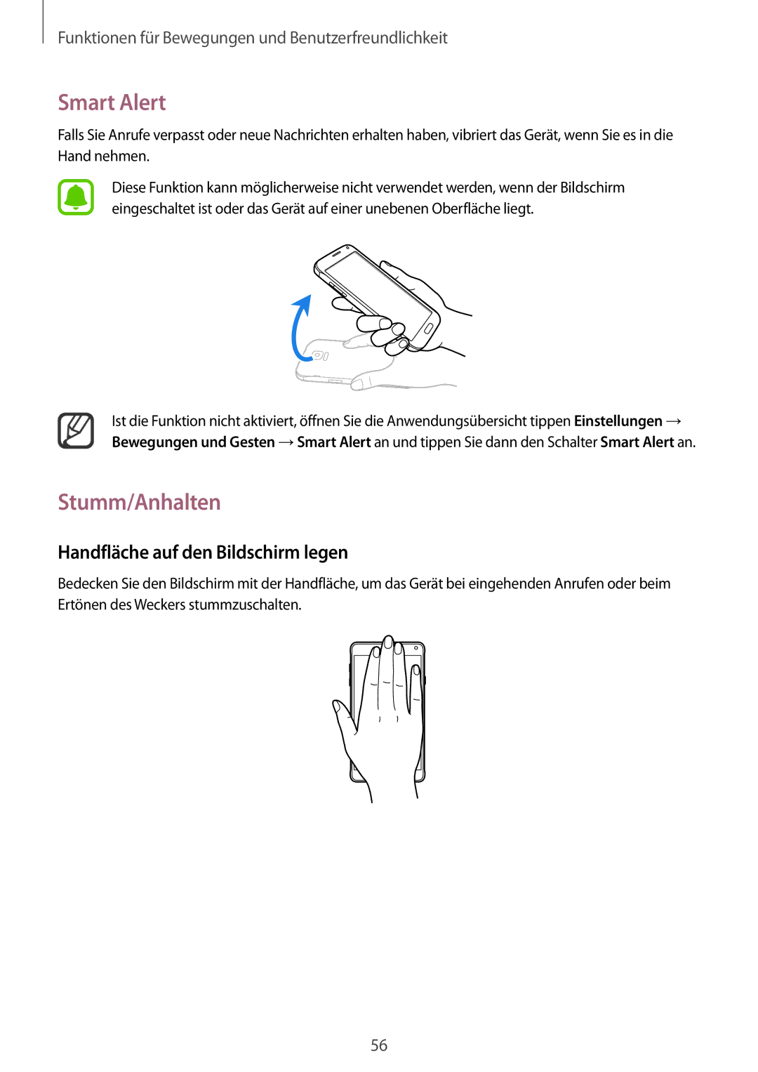 Samsung SM-N910FZKEDBT, SM-N910FZWEEUR, SM-N910FZWEDRE Smart Alert, Stumm/Anhalten, Handfläche auf den Bildschirm legen 