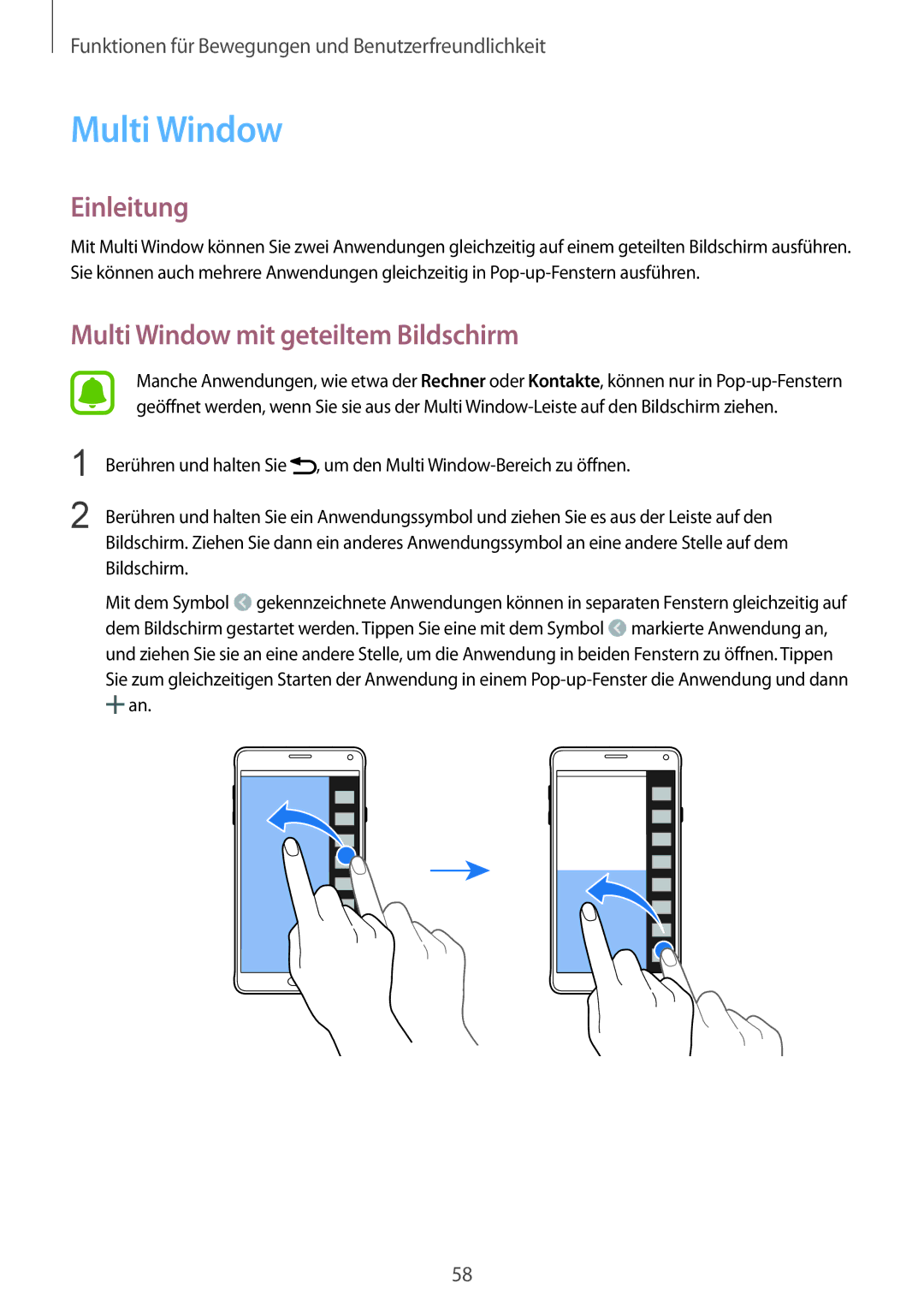 Samsung SM-N910FZDEDRE, SM-N910FZWEEUR, SM-N910FZWEDRE, SM-N910FZWECOS manual Multi Window mit geteiltem Bildschirm 