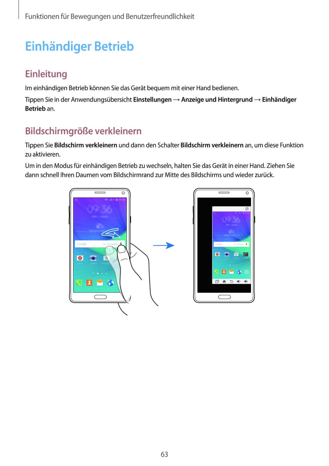 Samsung SM-N910FZKEVIA, SM-N910FZWEEUR, SM-N910FZWEDRE, SM-N910FZWECOS manual Einhändiger Betrieb, Bildschirmgröße verkleinern 