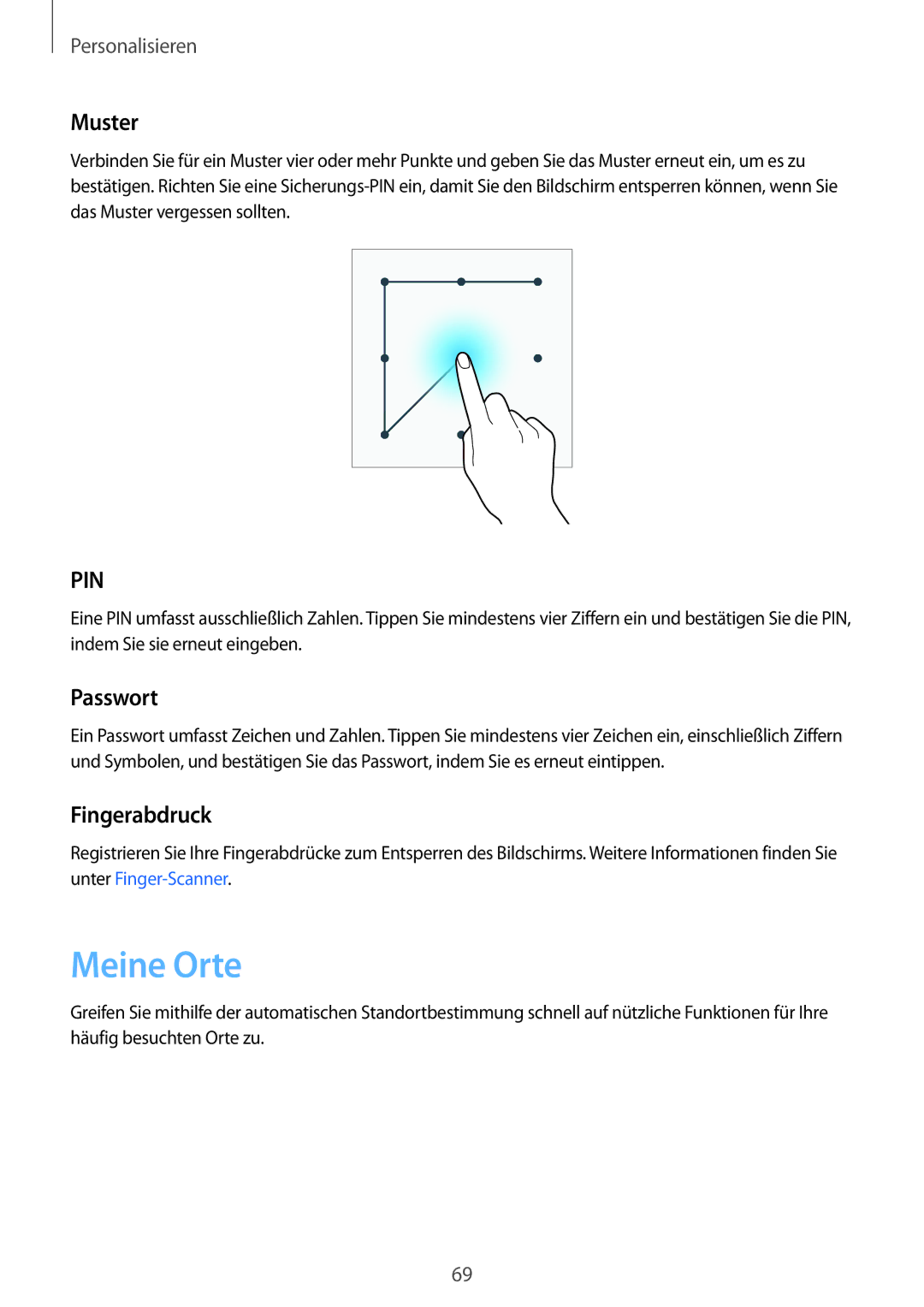 Samsung SM-N910FZDETPH, SM-N910FZWEEUR, SM-N910FZWEDRE, SM-N910FZWECOS manual Meine Orte, Muster, Passwort, Fingerabdruck 