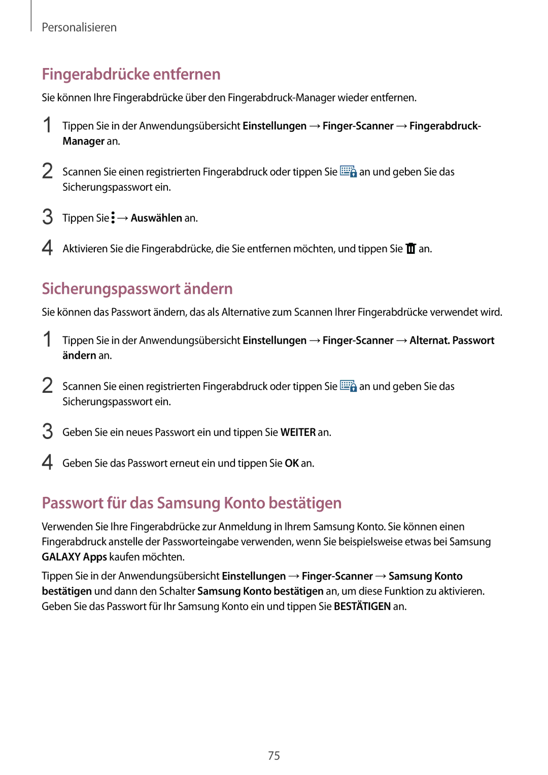 Samsung SM-N910FZWEVD2 Fingerabdrücke entfernen, Sicherungspasswort ändern, Passwort für das Samsung Konto bestätigen 