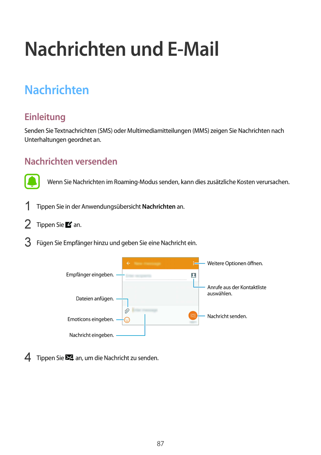 Samsung SM-N910FZKEBAL, SM-N910FZWEEUR, SM-N910FZWEDRE, SM-N910FZWECOS manual Nachrichten und E-Mail, Nachrichten versenden 