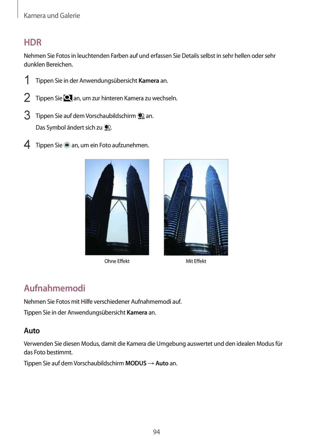 Samsung SM-N910FZWECOS, SM-N910FZWEEUR, SM-N910FZWEDRE, SM-N910FZKESFR, SM-N910FZKEMOB, SM-N910FZKECOS manual Aufnahmemodi, Auto 