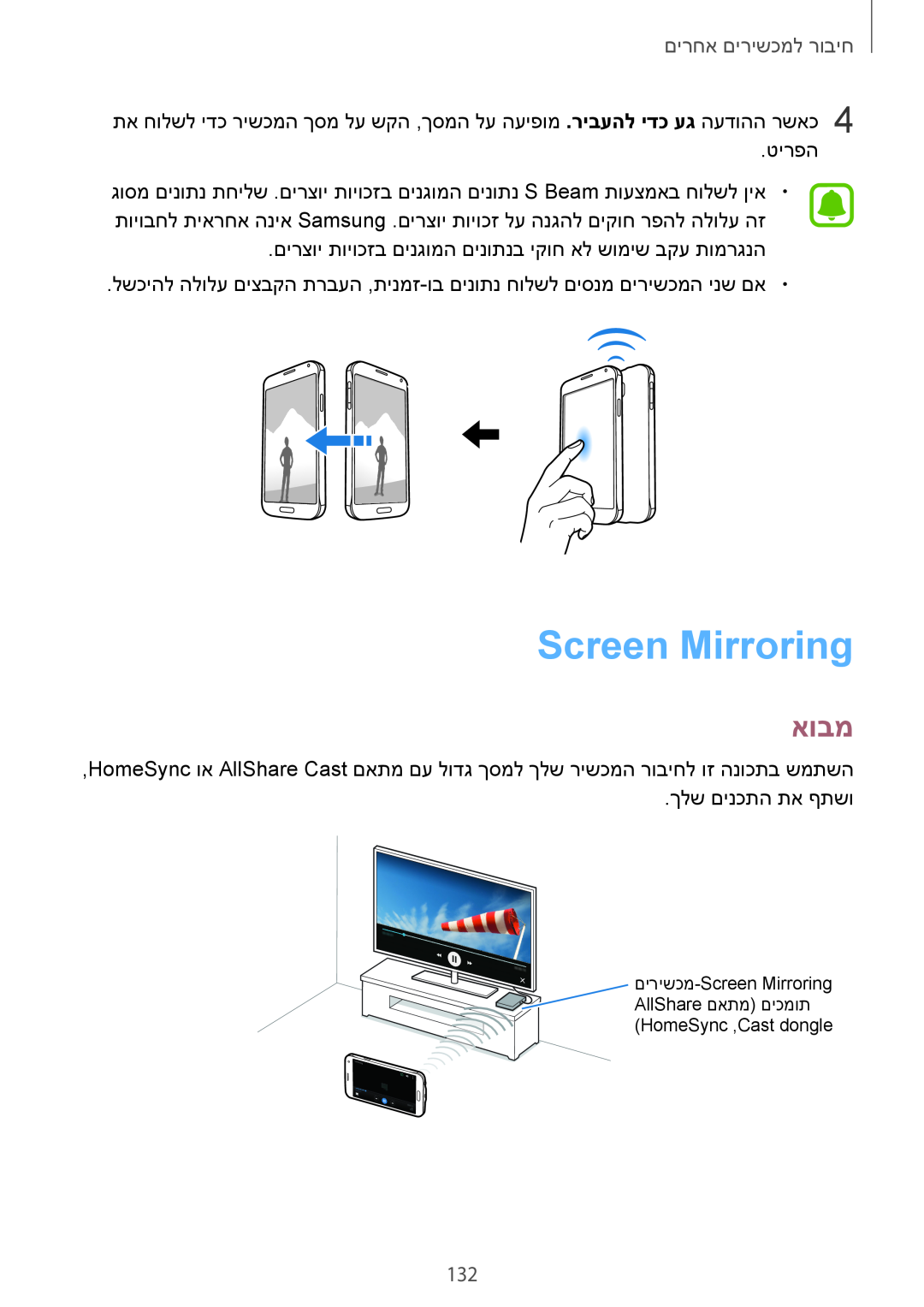 Samsung SM-N910FZDETPH, SM-N910FZWEEUR, SM-N910FZWEDRE, SM-N910FZWECOS manual Screen Mirroring, אובמ, חיבור למכשירים אחרים 