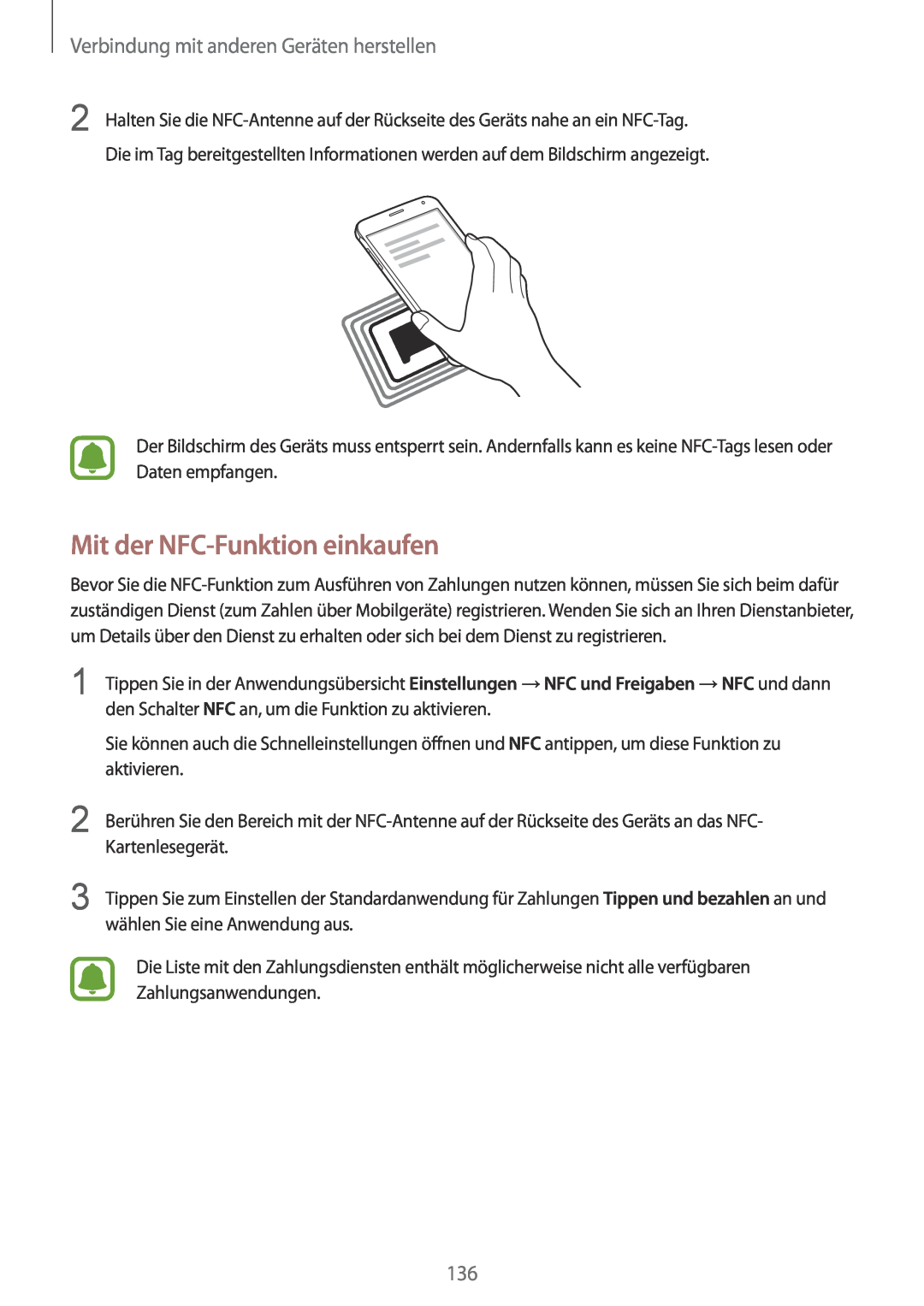 Samsung SM-N910FZKEXEF, SM-N910FZWEEUR manual Mit der NFC-Funktion einkaufen, Verbindung mit anderen Geräten herstellen 