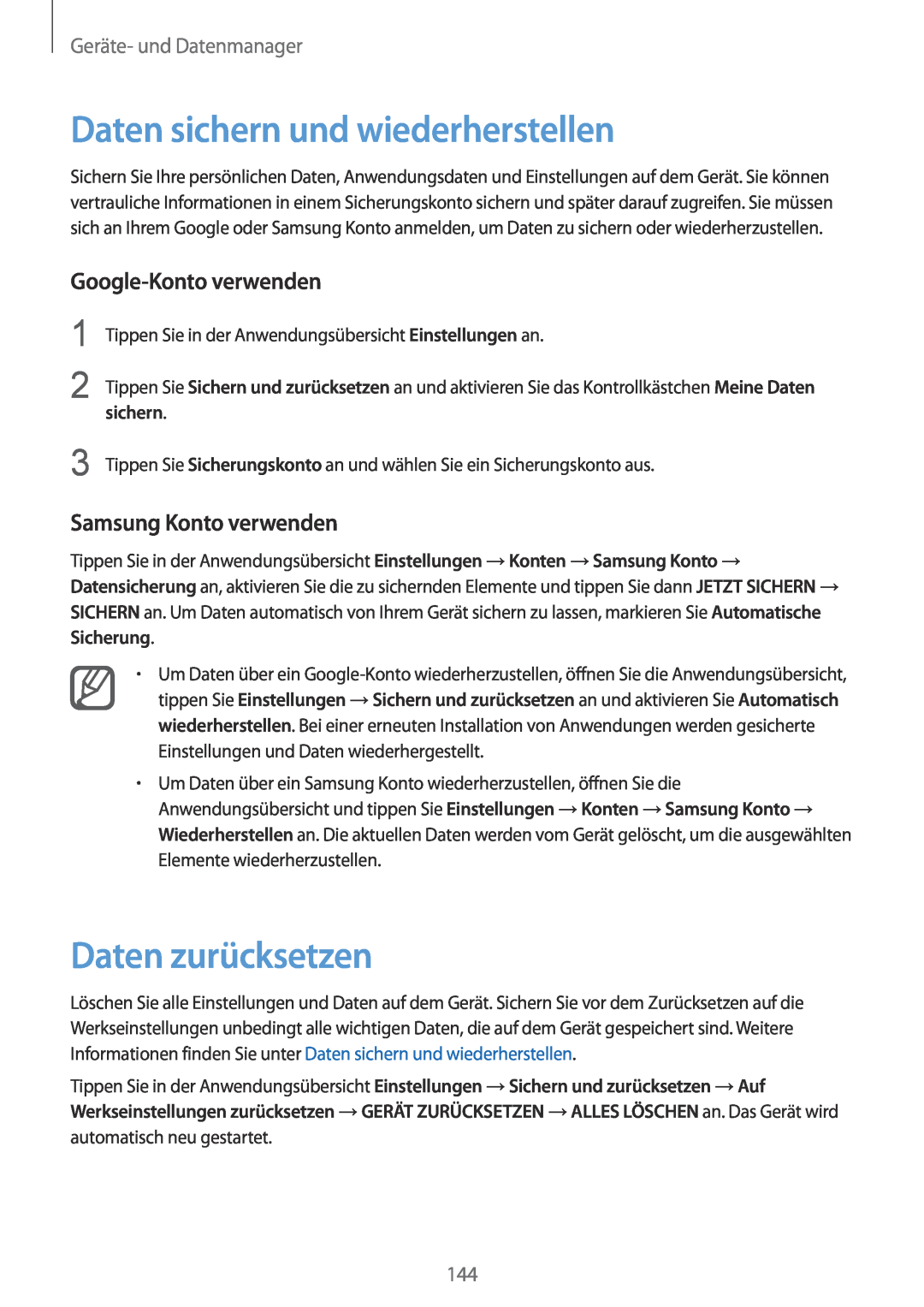 Samsung SM-N910FZKEATO, SM-N910FZWEEUR manual Daten sichern und wiederherstellen, Daten zurücksetzen, Google-Konto verwenden 