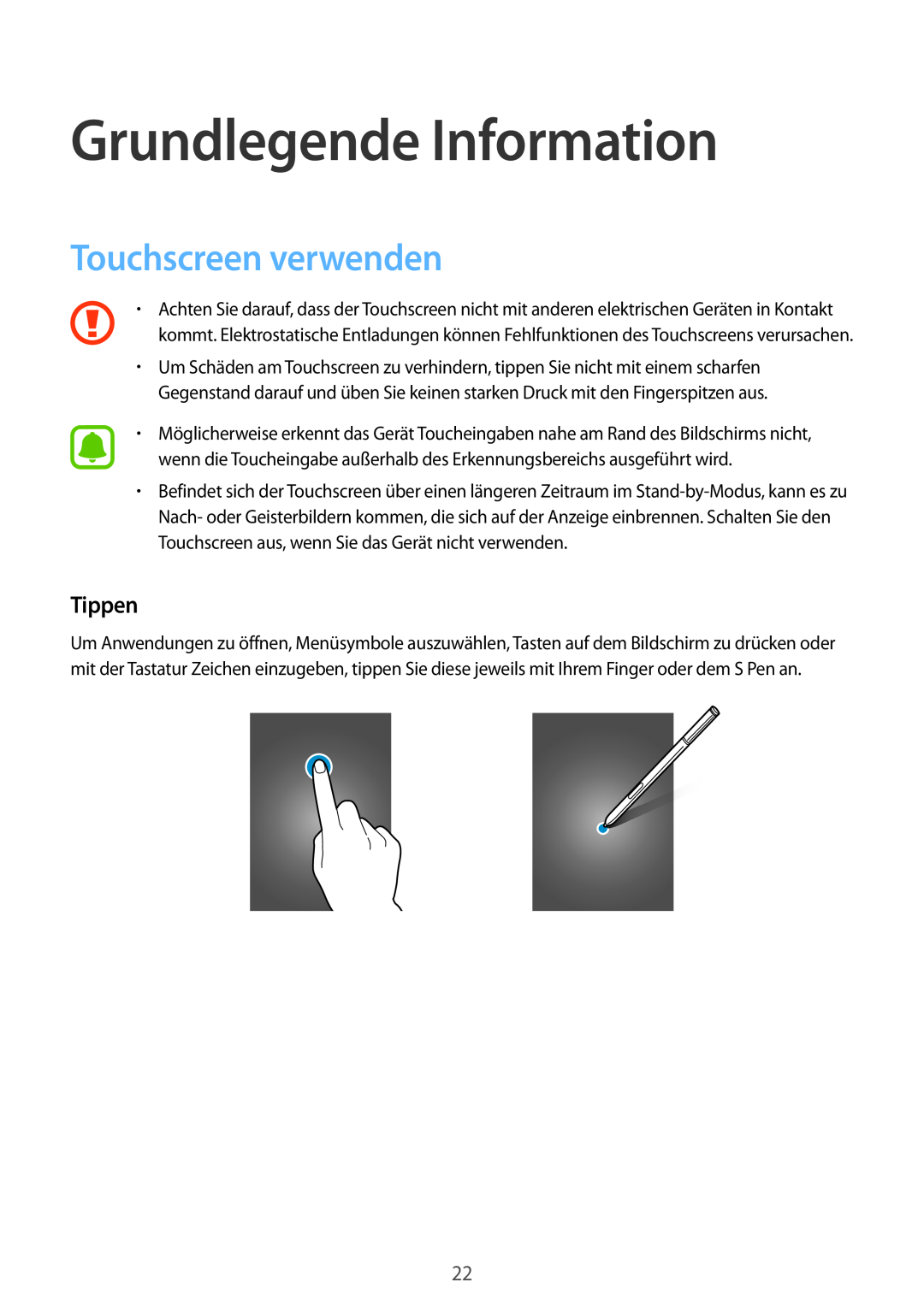 Samsung SM-N910FZKECYV, SM-N910FZWEEUR, SM-N910FZWEDRE manual Grundlegende Information, Touchscreen verwenden, Tippen 