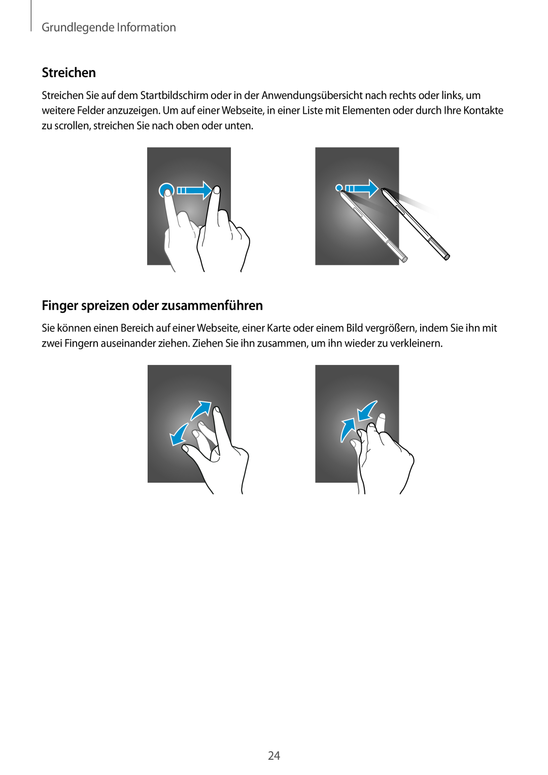 Samsung SM-N910FZDEDBT, SM-N910FZWEEUR manual Finger spreizen oder zusammenführen, Streichen, Grundlegende Information 