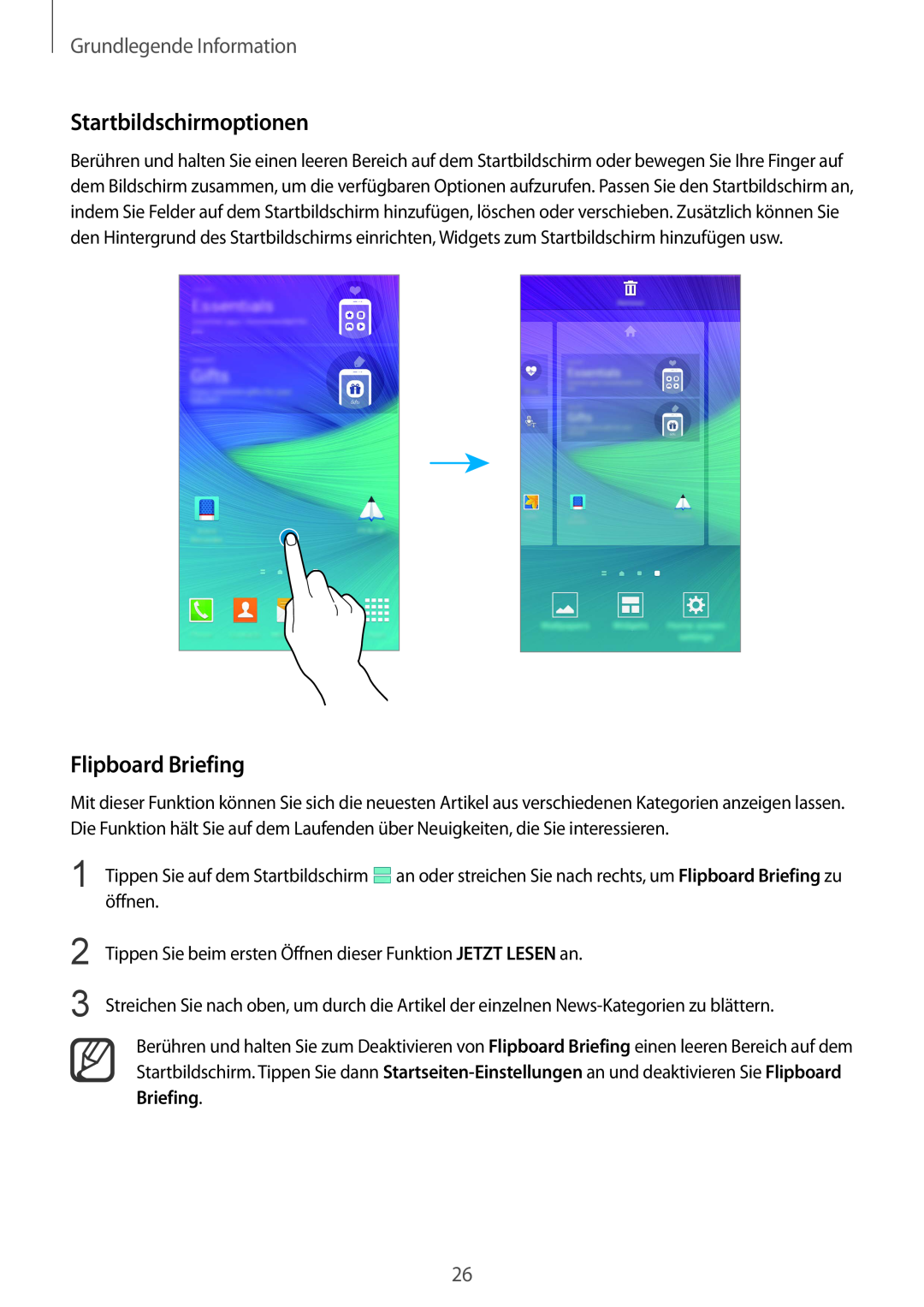 Samsung SM-N910FZIEBAL, SM-N910FZWEEUR manual Startbildschirmoptionen, Flipboard Briefing, Grundlegende Information 