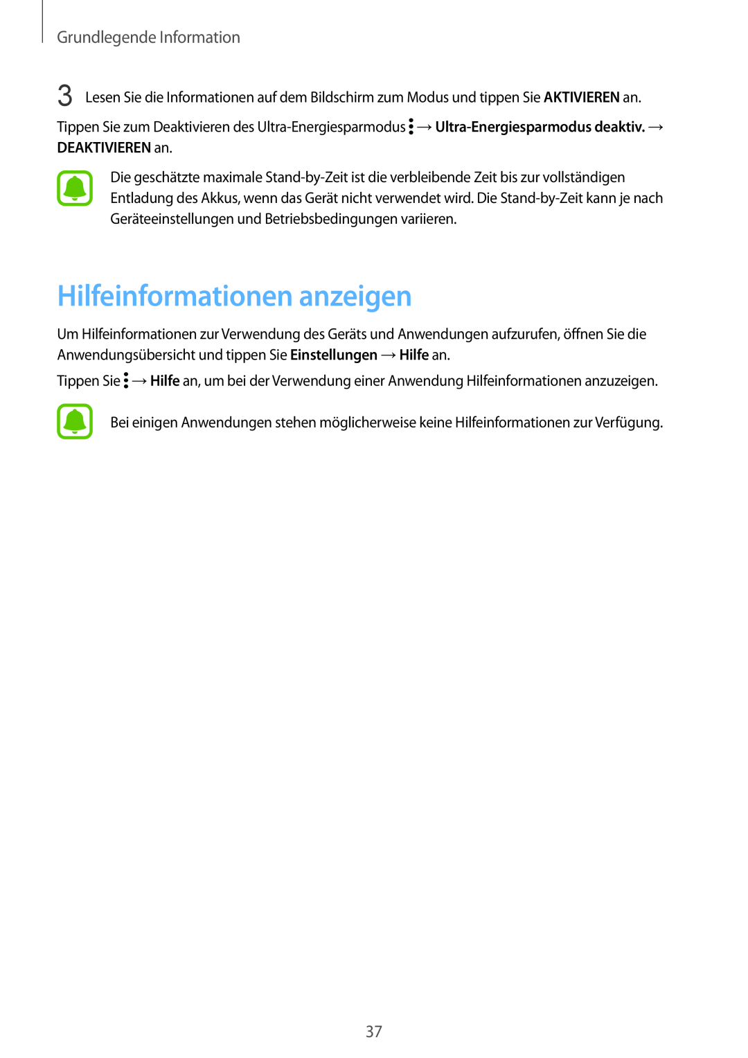 Samsung SM-N910FZWESFR manual Hilfeinformationen anzeigen, →Ultra-Energiesparmodus deaktiv. →, Grundlegende Information 