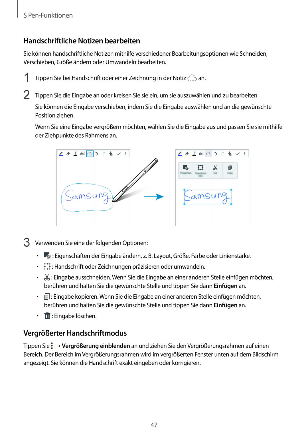 Samsung SM-N910FZWEDRE manual Handschriftliche Notizen bearbeiten, Vergrößerter Handschriftmodus, S Pen-Funktionen 