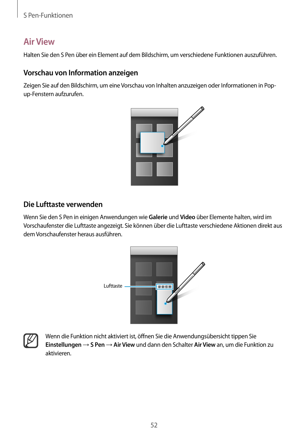 Samsung SM-N910FZKEATO manual Air View, Vorschau von Information anzeigen, Die Lufttaste verwenden, S Pen-Funktionen 