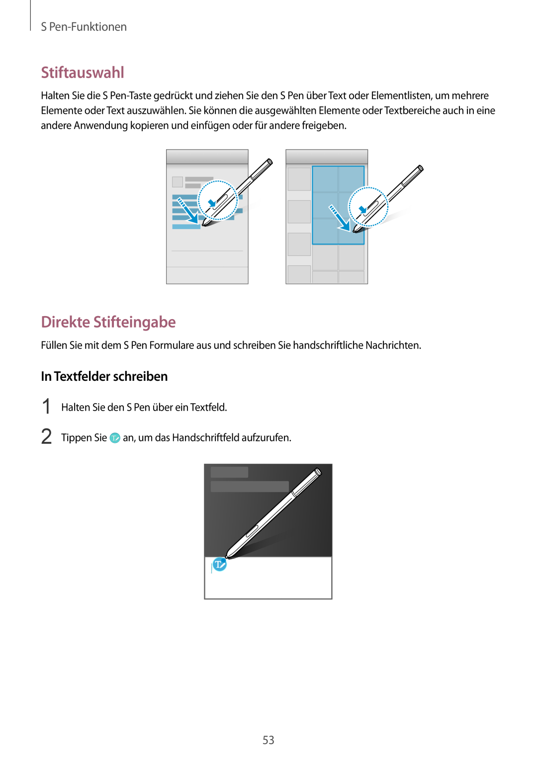 Samsung SM-N910FZKETPH, SM-N910FZWEEUR manual Stiftauswahl, Direkte Stifteingabe, In Textfelder schreiben, S Pen-Funktionen 
