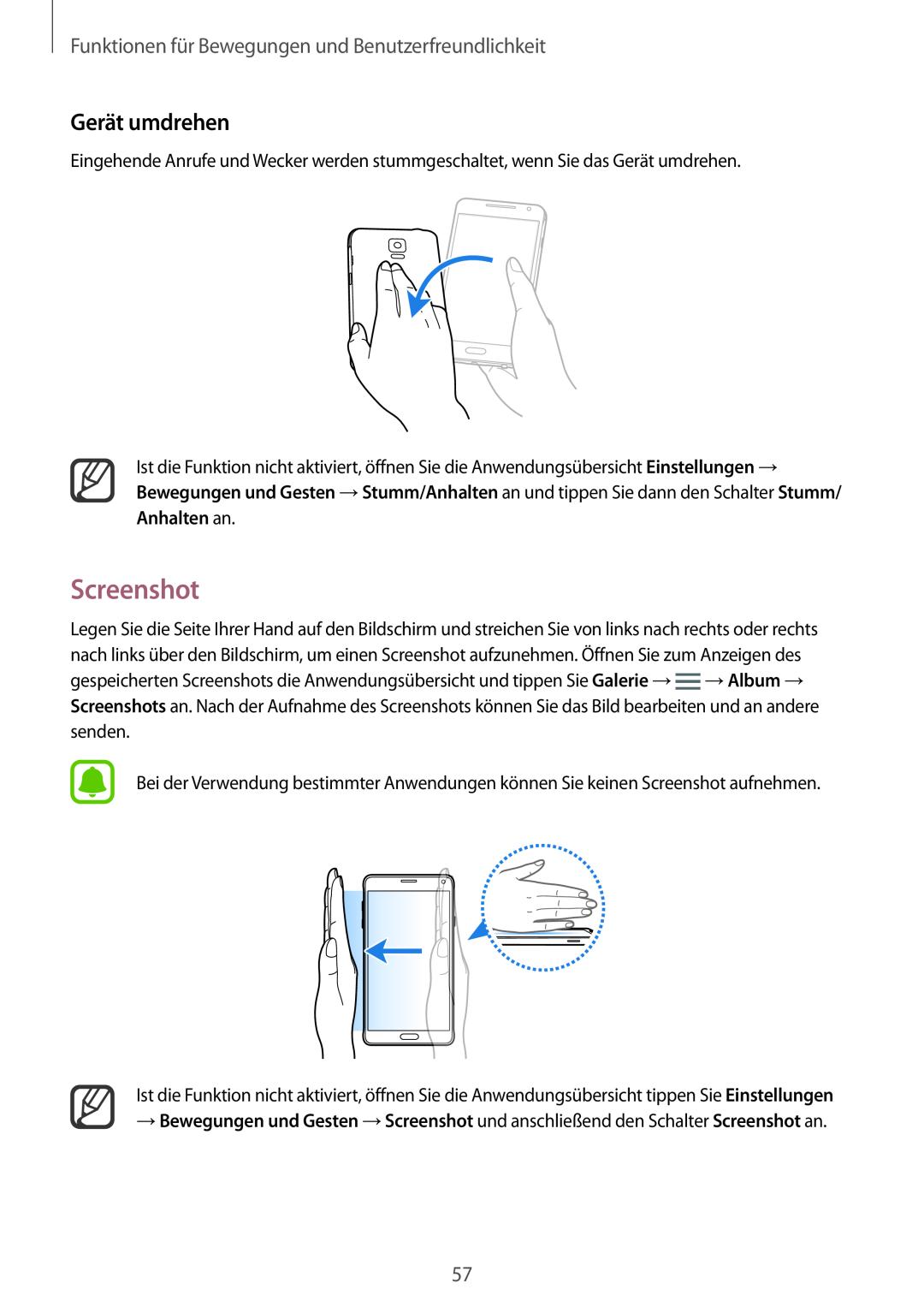 Samsung SM-N910FZIEATO, SM-N910FZWEEUR Screenshot, Gerät umdrehen, Funktionen für Bewegungen und Benutzerfreundlichkeit 