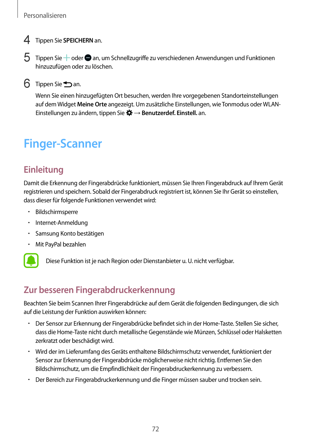 Samsung SM-N910FZIEBAL, SM-N910FZWEEUR Finger-Scanner, Zur besseren Fingerabdruckerkennung, Einleitung, Personalisieren 
