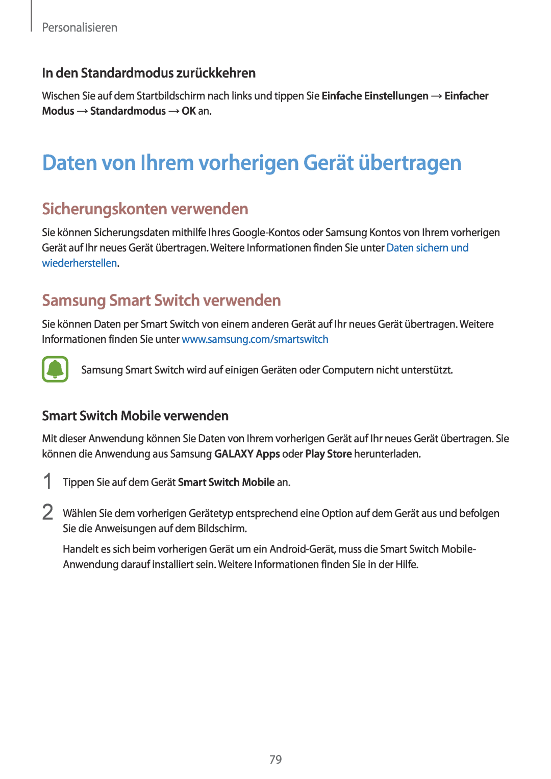 Samsung SM-N910FZDEBAL manual Daten von Ihrem vorherigen Gerät übertragen, Sicherungskonten verwenden, Personalisieren 