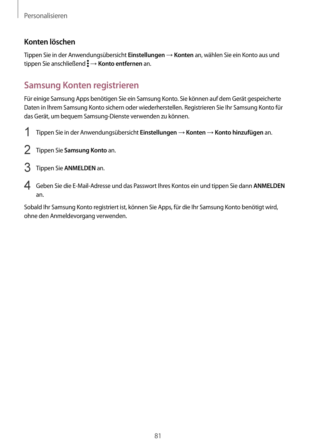 Samsung SM-N910FZKEVGR, SM-N910FZWEEUR, SM-N910FZWEDRE manual Samsung Konten registrieren, Konten löschen, Personalisieren 