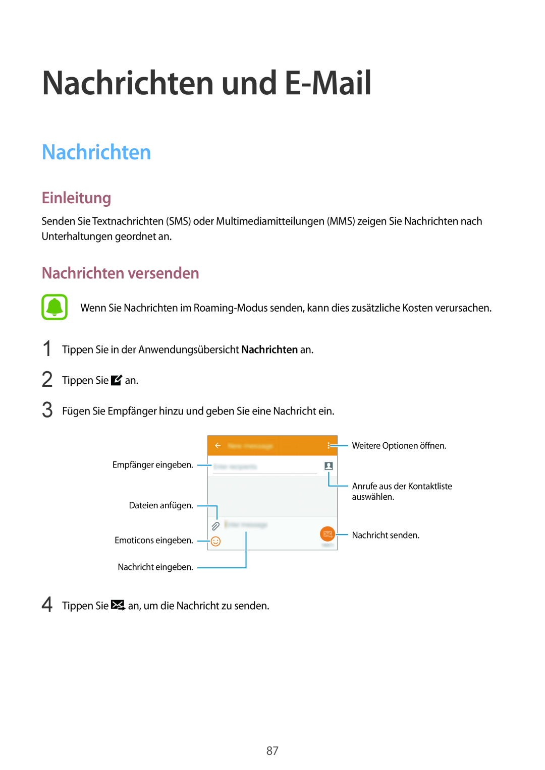Samsung SM-N910FZKEBAL, SM-N910FZWEEUR, SM-N910FZWEDRE manual Nachrichten und E-Mail, Nachrichten versenden, Einleitung 