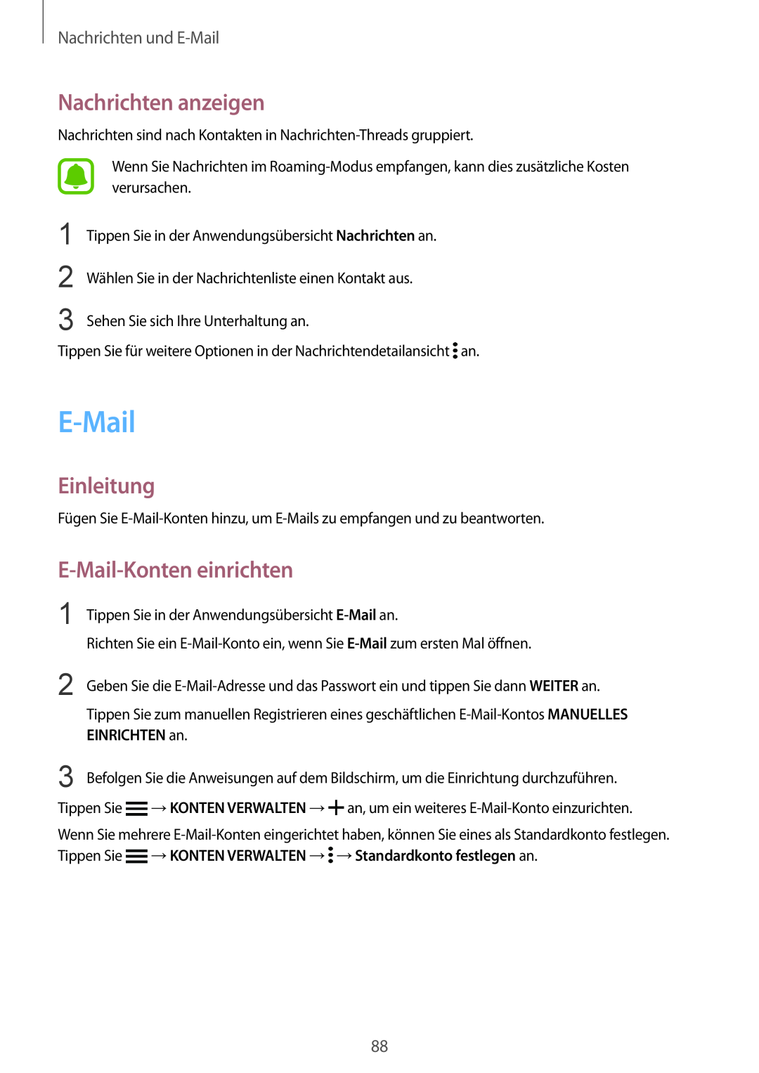 Samsung SM-N910FZDEATO manual Nachrichten anzeigen, E-Mail-Konten einrichten, Nachrichten und E-Mail, EINRICHTEN an 
