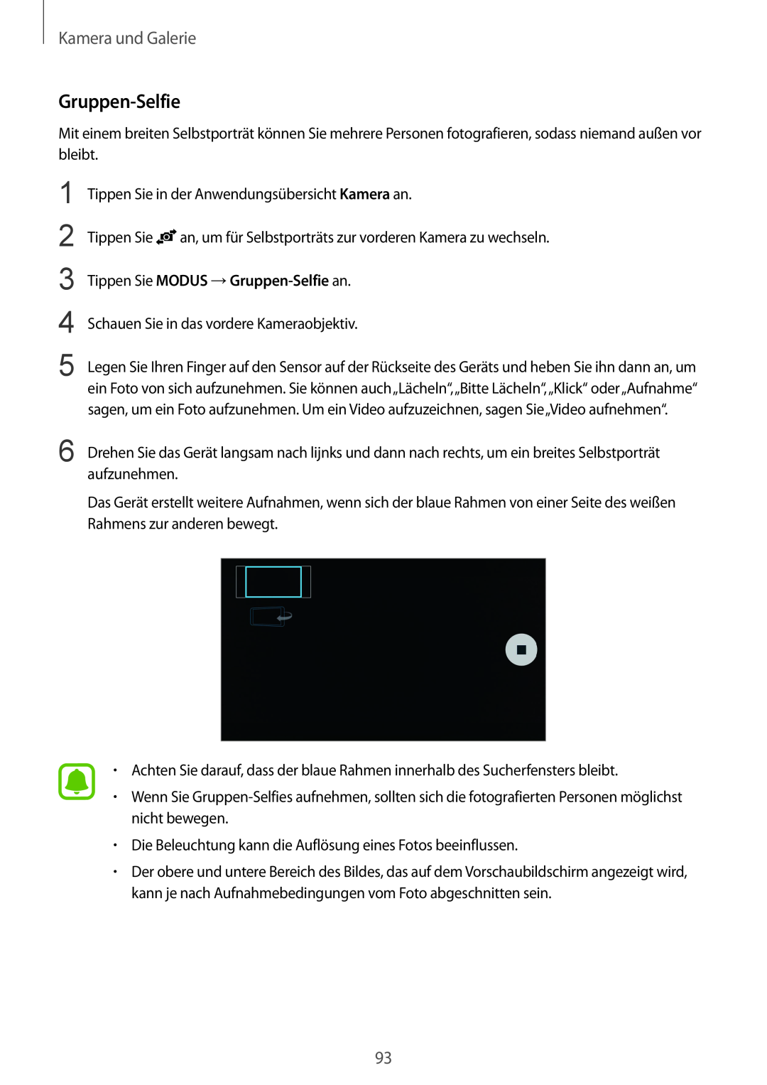 Samsung SM-N910FZWEDRE, SM-N910FZWEEUR, SM-N910FZWECOS manual Tippen Sie MODUS →Gruppen-Selfie an, Kamera und Galerie 