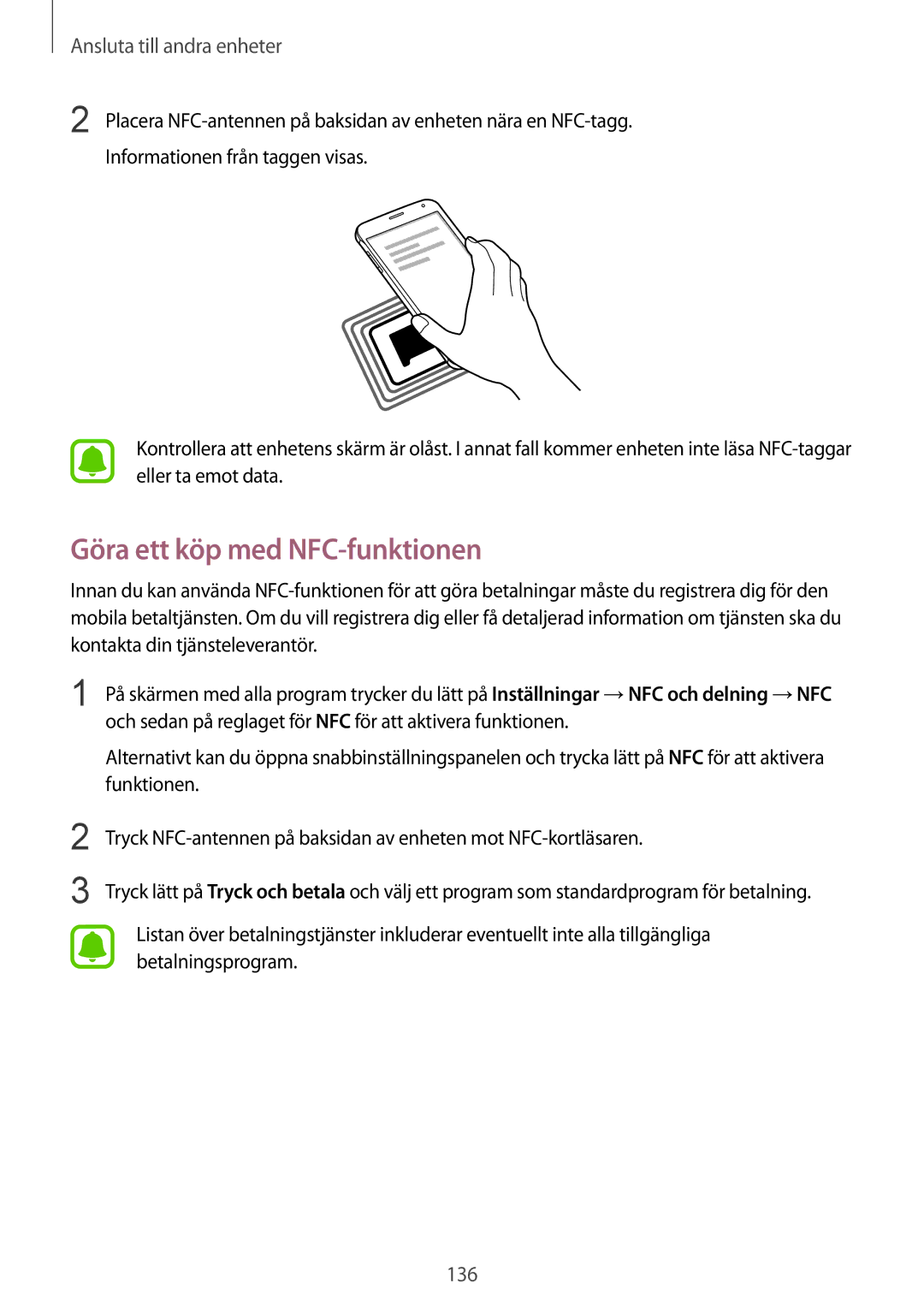 Samsung SM-N910FZWENEE, SM-N910FZDENEE, SM-N910FZIENEE, SM-N910FZKENEE manual Göra ett köp med NFC-funktionen 