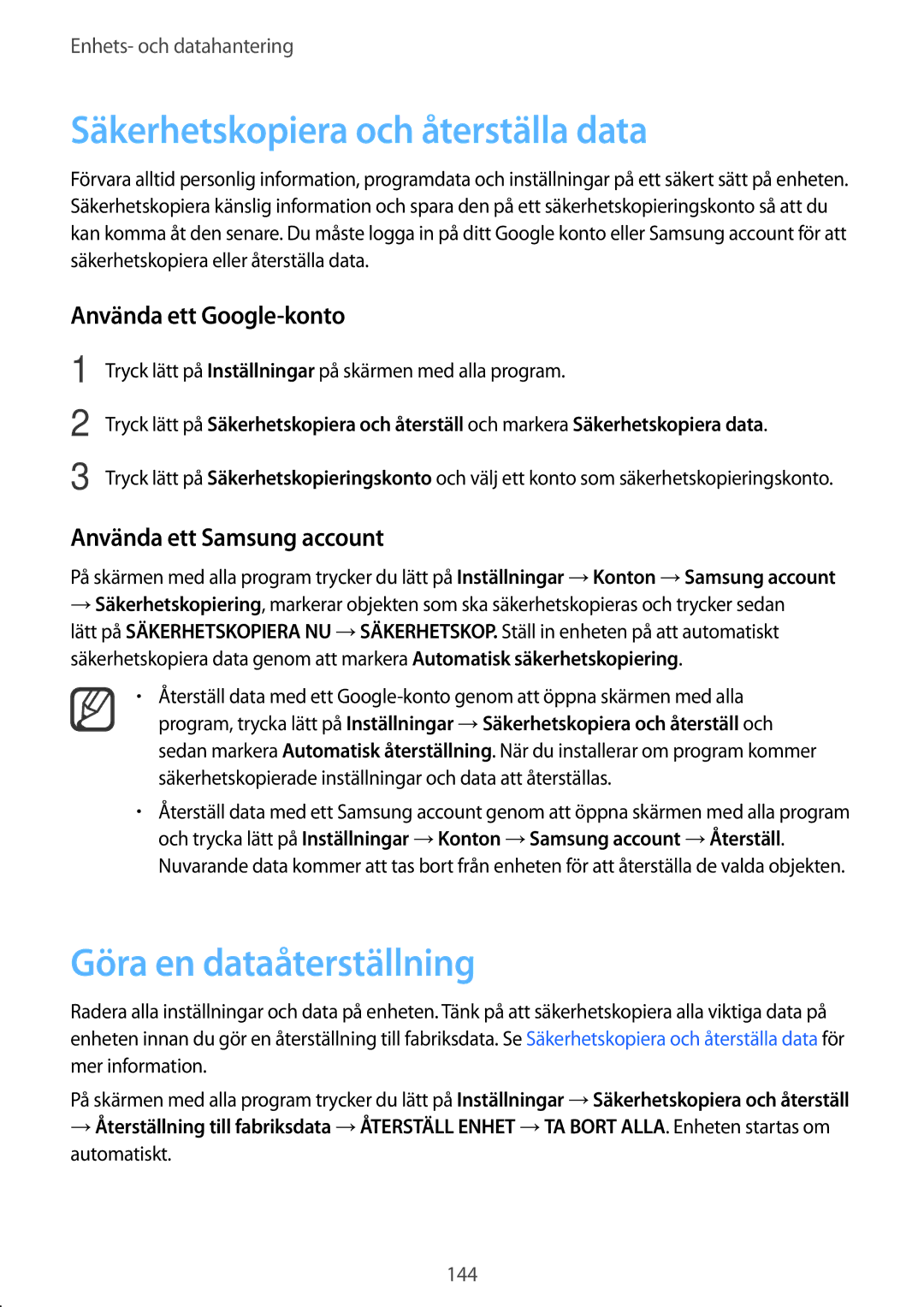 Samsung SM-N910FZWENEE manual Säkerhetskopiera och återställa data, Göra en dataåterställning, Använda ett Google-konto 