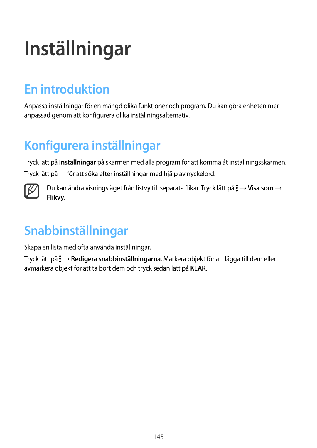 Samsung SM-N910FZDENEE, SM-N910FZWENEE manual Inställningar, En introduktion, Konfigurera inställningar, Snabbinställningar 