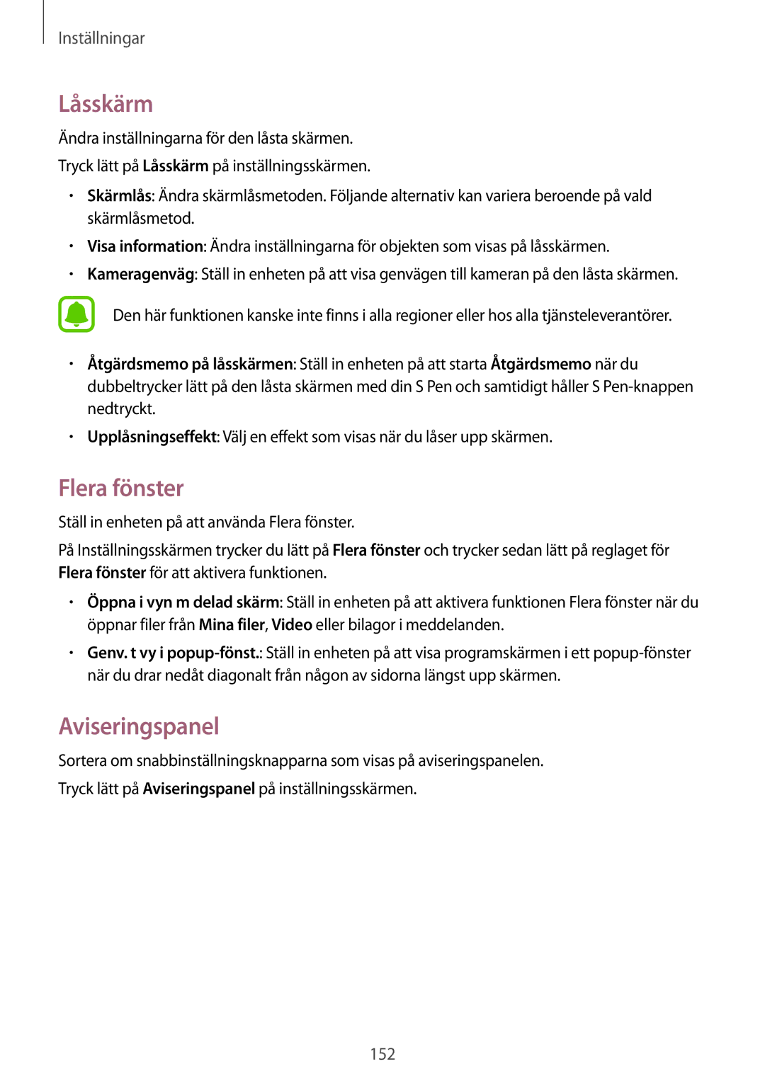 Samsung SM-N910FZWENEE, SM-N910FZDENEE, SM-N910FZIENEE, SM-N910FZKENEE manual Låsskärm, Flera fönster, Aviseringspanel 