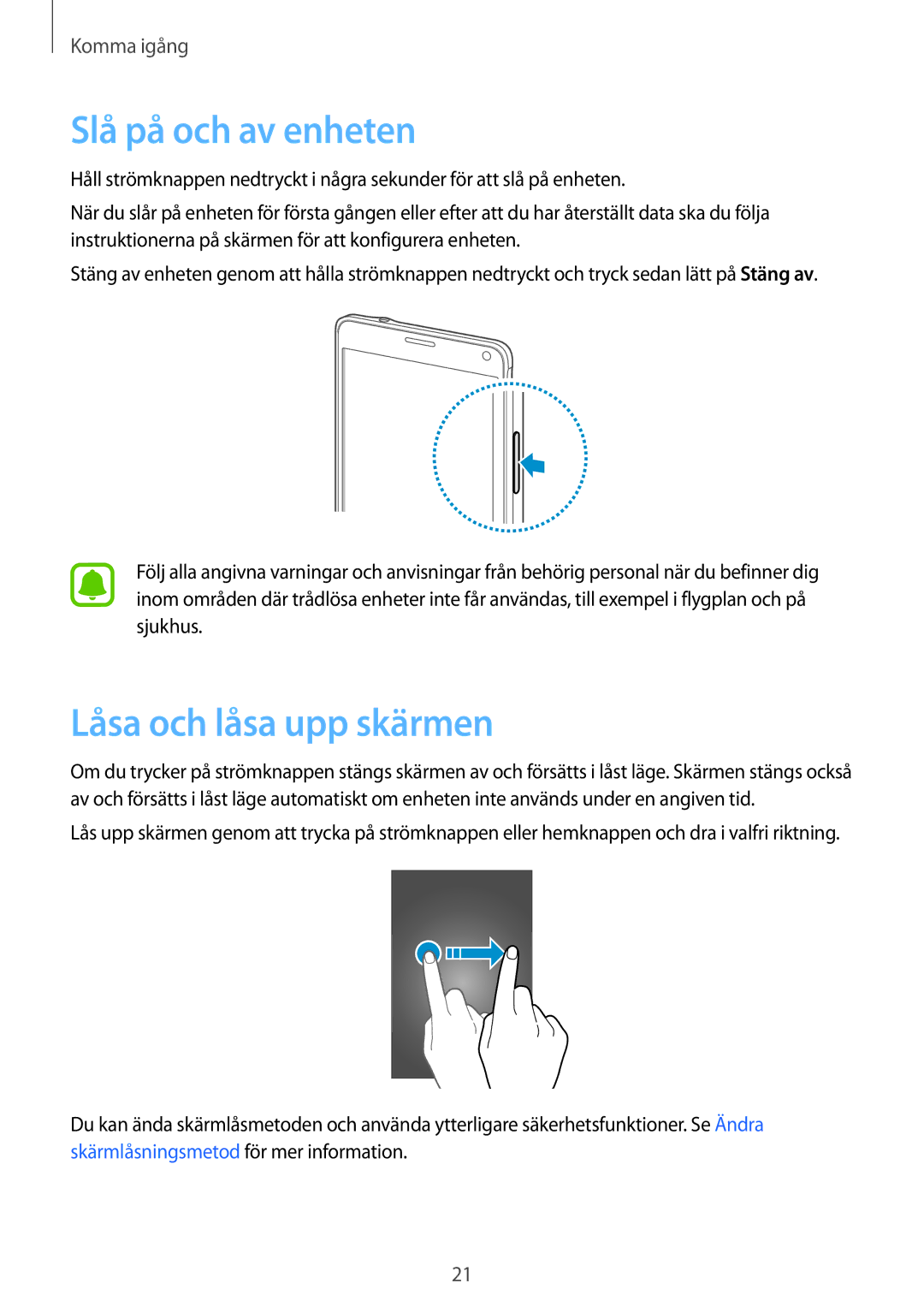 Samsung SM-N910FZDENEE, SM-N910FZWENEE, SM-N910FZIENEE, SM-N910FZKENEE manual Slå på och av enheten, Låsa och låsa upp skärmen 